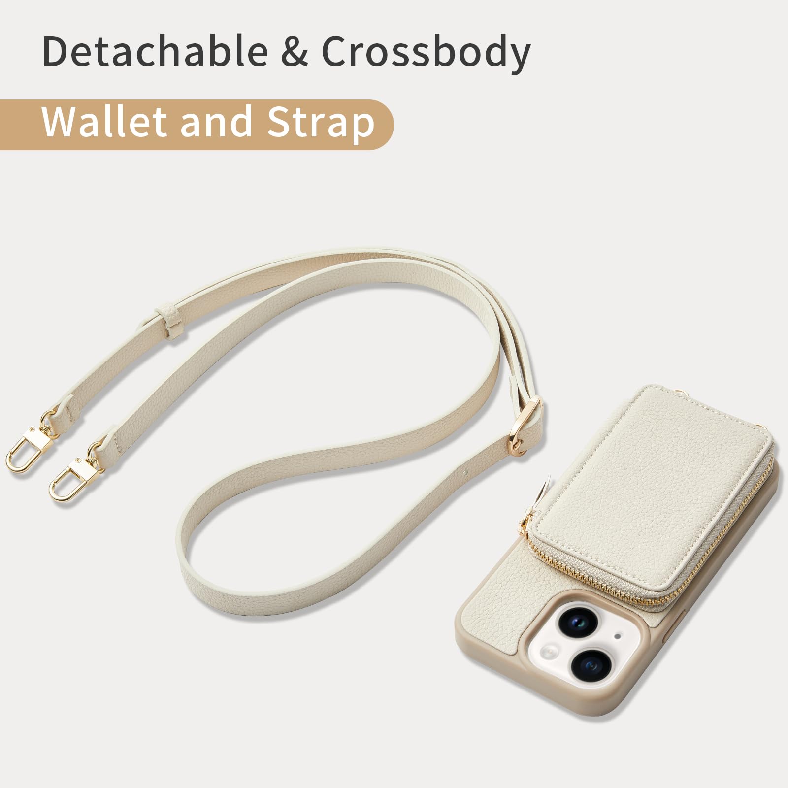 ZVE RFID Blocking Wallet Case for iPhone 13 (6.1 inch) - Crossbody Zipper Phone Purse with Card Holder & Wrist Strap for Women | Perfect for Travel, Shopping & Daily Use (Beige)