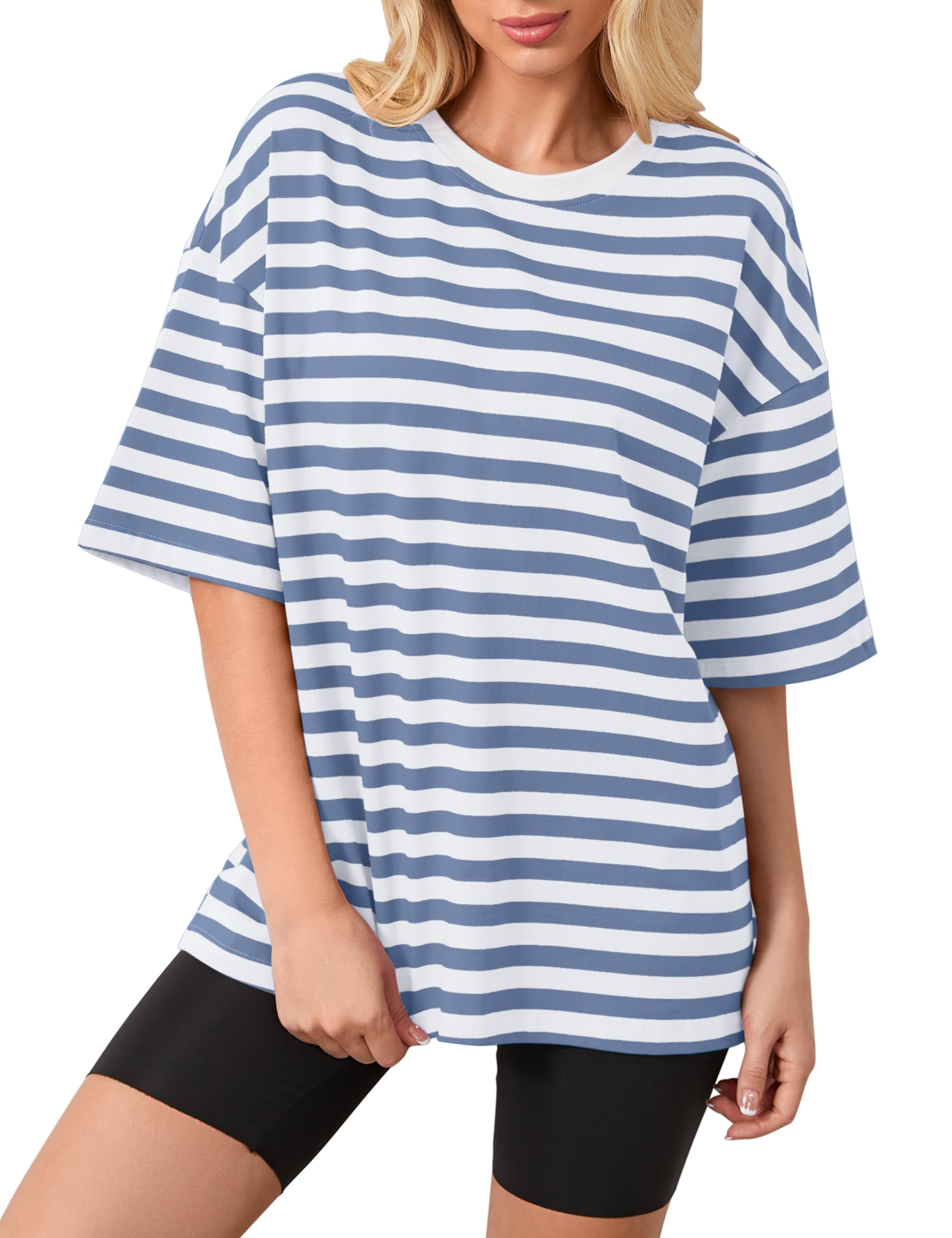 Women's Cotton Striped Oversized T-Shirt - Color Block Short Sleeve Summer Tee - Loose Fit Casual Top for Beach, Travel & Everyday Wear