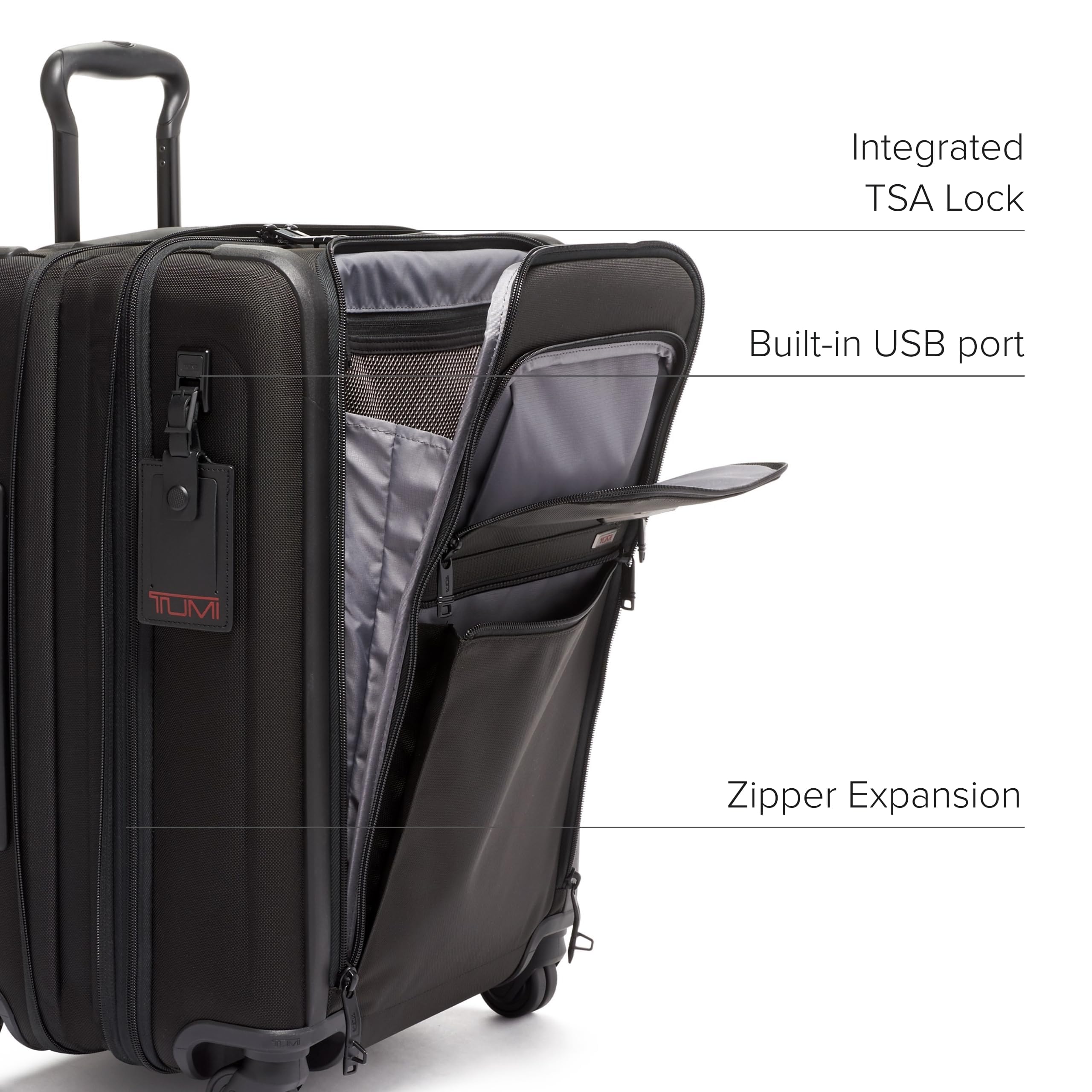 TUMI Alpha Continental Expandable 4-Wheel Carry-On Luggage with TSA Lock - Lightweight Compact Travel Suitcase for Business & Vacation - Black Tracer Edition (Perfect for Air Travel & Weekend Getaways)