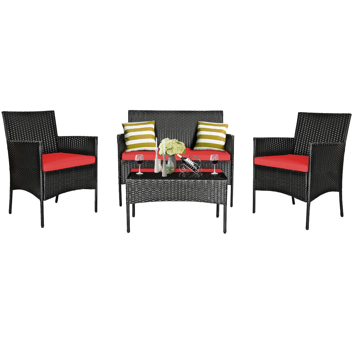 Tangkula 4-Piece Outdoor Patio Furniture Set - Wicker Rattan Loveseat & Chairs with Cushions & Tempered Glass Coffee Table - Durable Conversation Set for Backyard, Garden, Poolside, Porch & Deck (Red)