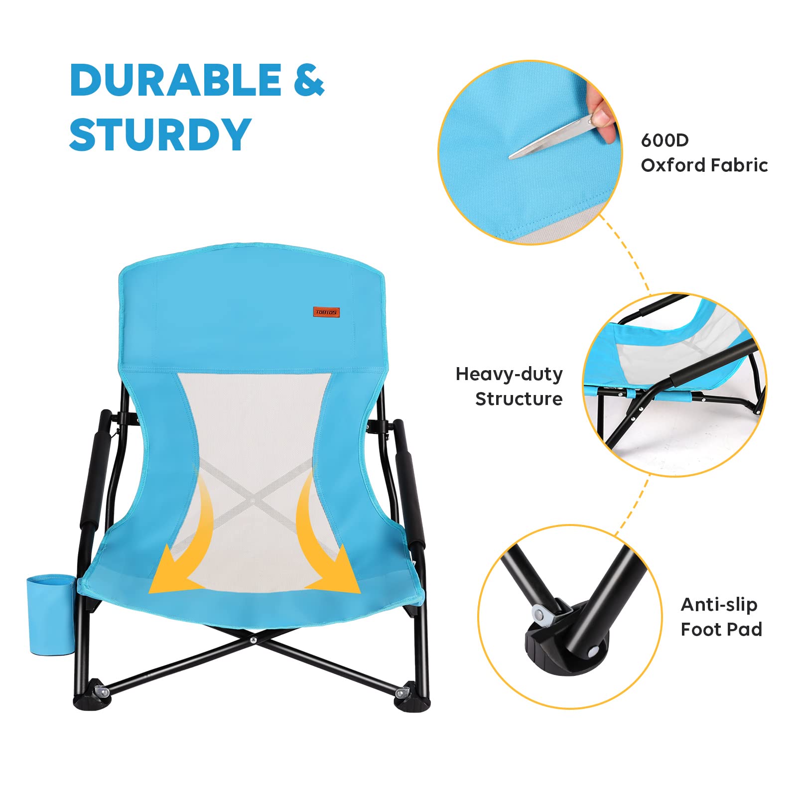 TOBTOS Low Beach Chair for Adults - 2 Pack Heavy Duty Folding Chairs with Cup Holder & Carry Bag - Portable Low Profile Outdoor Chairs for Beach, Camping, Concert, Travel, Picnics and Backyard Relaxation