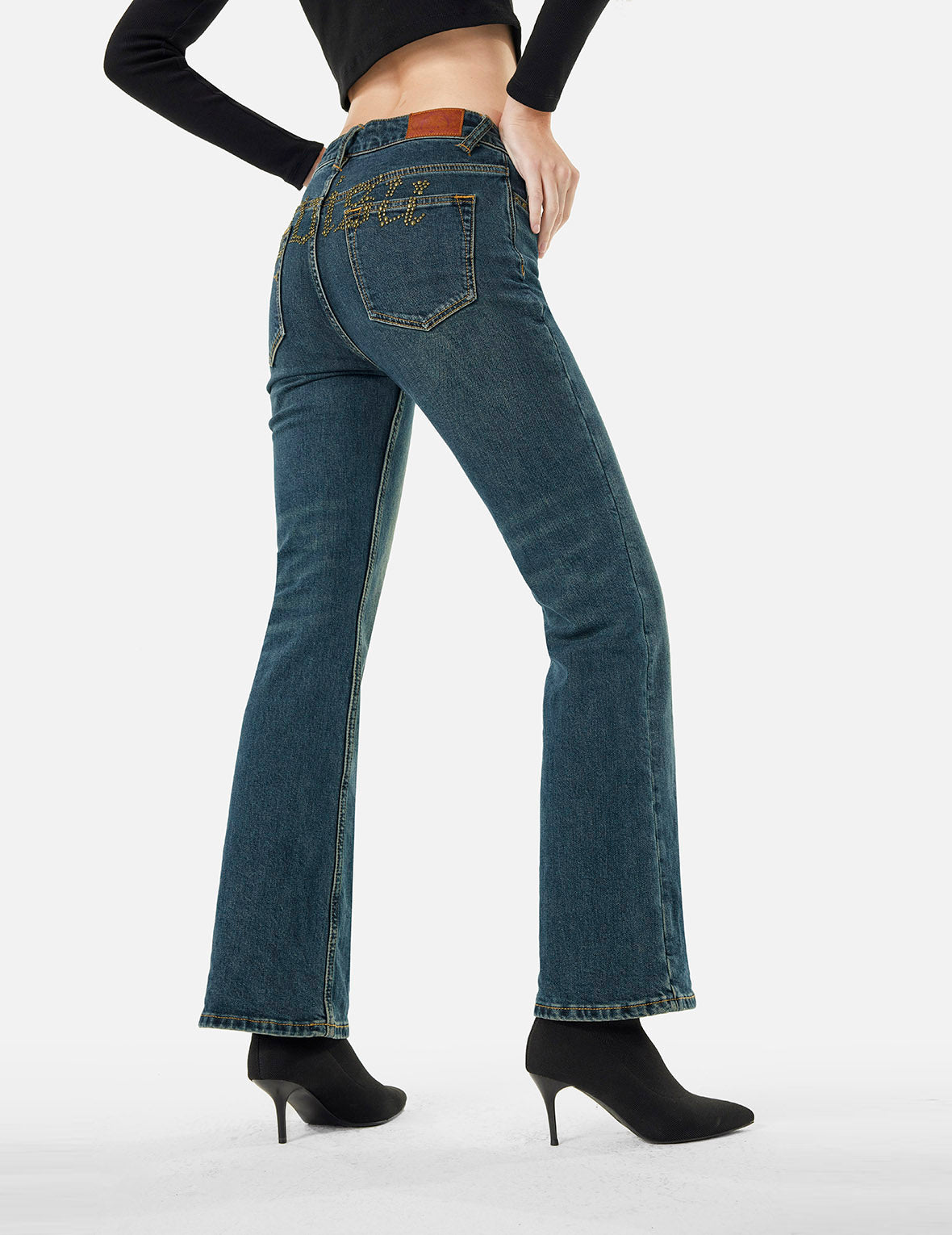 Washed Studs Embellished Logo Flare Fit Jeans for Women - Vintage High Waisted Stretch Denim Pants, Perfect for Casual Outings & Night Out