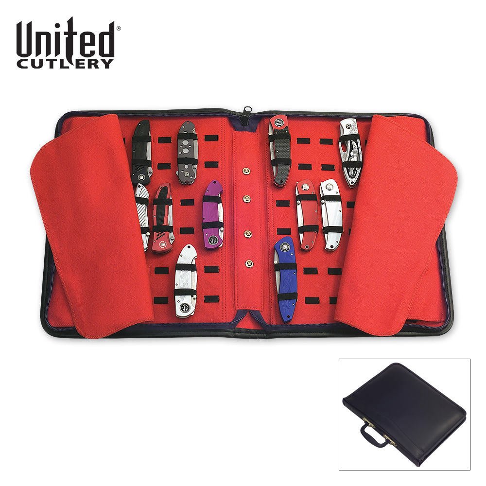 UNITED CUTLERY Large Pocket Knife Storage Case - Faux Leather Knife Organizer with Felt Lining, 40-Knife Capacity, Elastic Straps & Secure Zipper Closure | Perfect for Collectors, Camping, Hunting & Outdoor Knife Protection