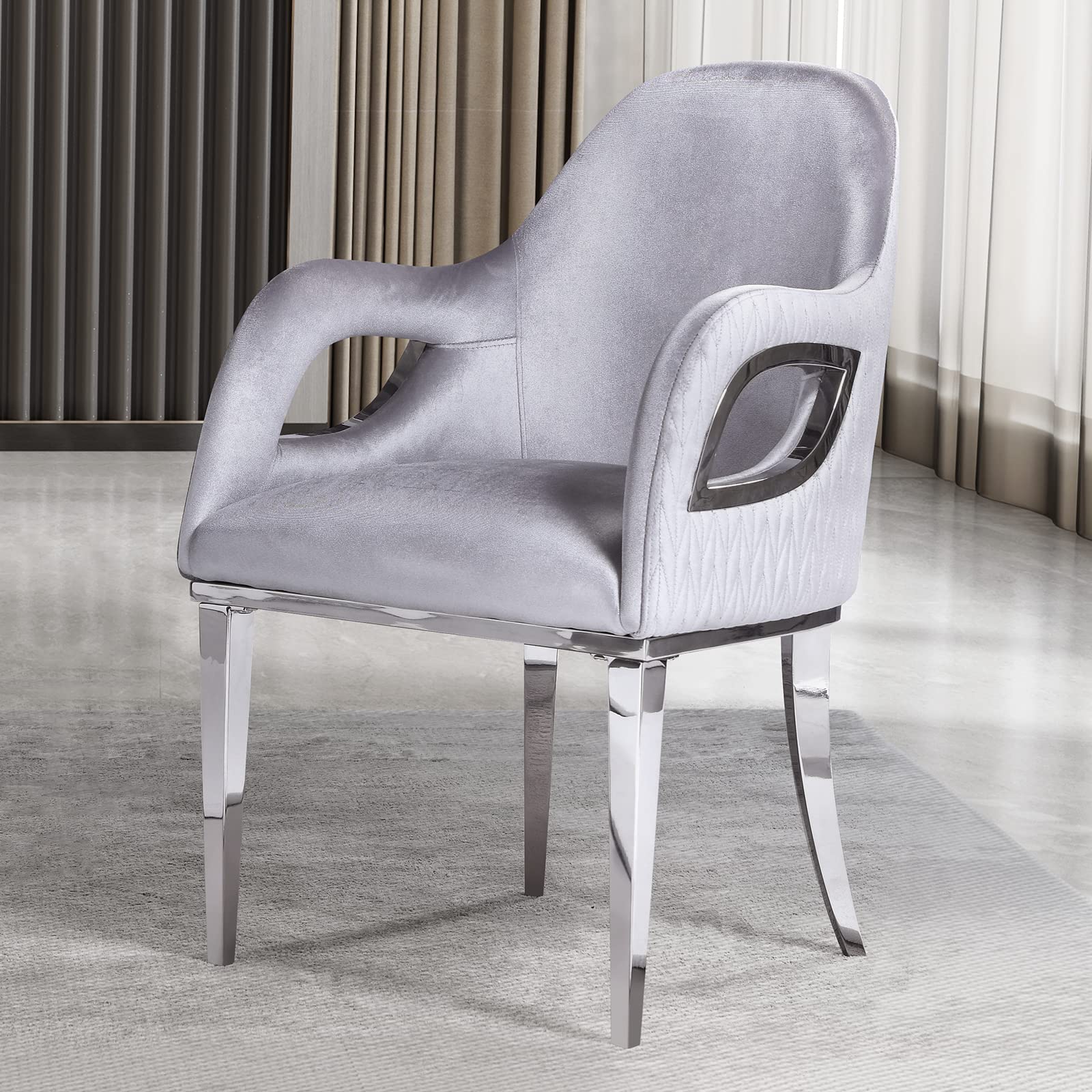 ACEDÉCOR Velvet Upholstered Makeup Vanity Chair with Fox Arm & Silver Metal Legs - Grey Accent Chair for Bedroom, Living Room & Dressing Room | Perfect for Makeup Area, Reading Nook & Home Decor