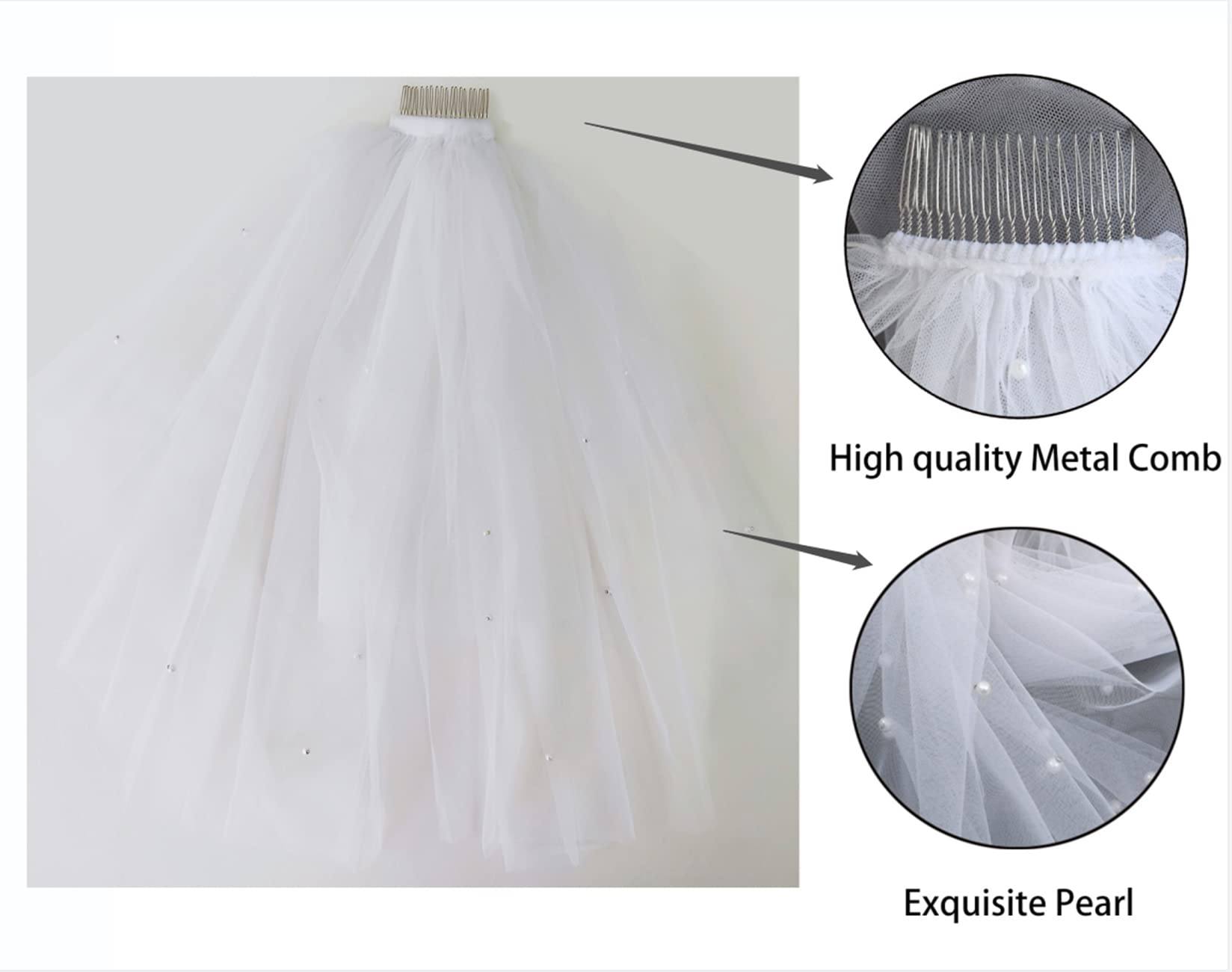 Elegant White Bridal Veil with Comb | 2-Tier Wedding Veil with Pearl Embellishments | Perfect for Bachelorette Party, Engagement & Wedding Ceremony | Romantic Bridal Accessory for Bride & Bridesmaids