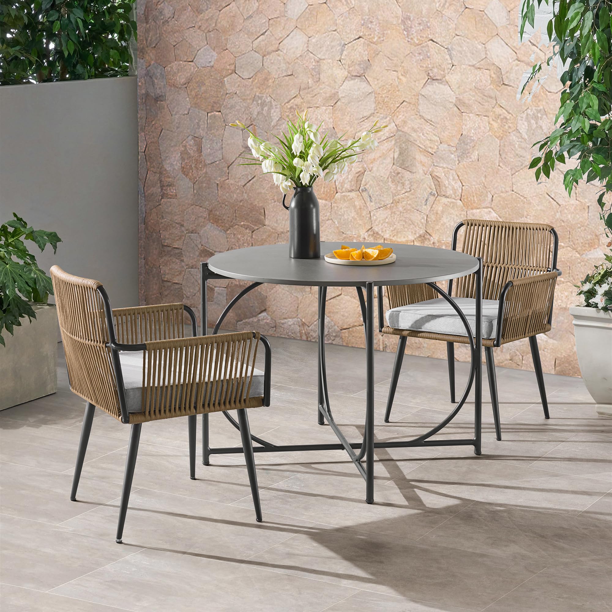 Alburgh All-Weather Outdoor Bistro Set - 4 Mixed-Material Rope Chairs with Cushions & 30-inch Weather-Resistant Table - Perfect for Patio, Garden, Poolside & Backyard Dining