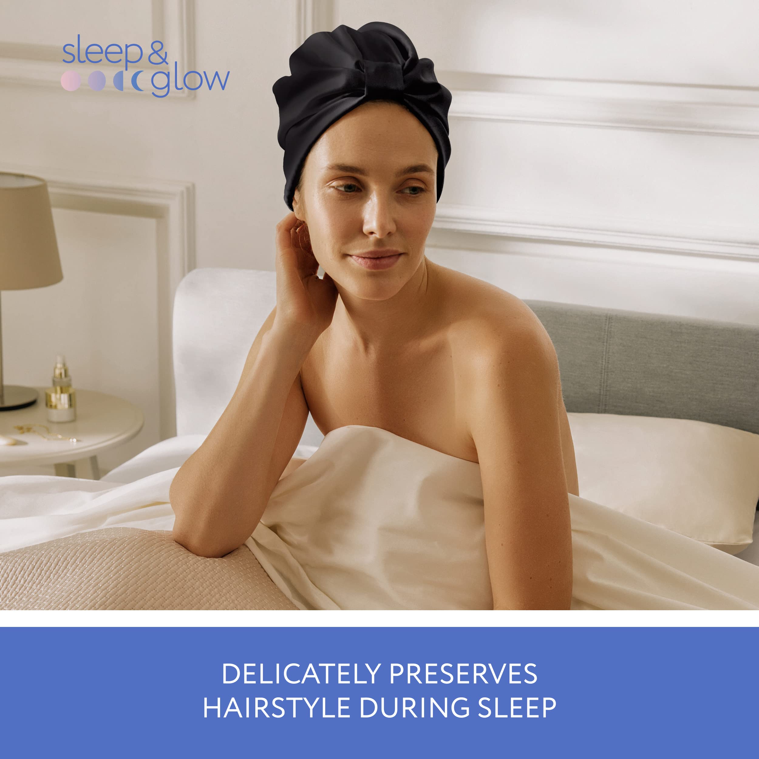 Sleep & Glow Luxury 100% Mulberry Silk Hair Turban for Sleeping - Double Layered Night Hair Bonnet for Healthy Shiny Hair (Black) - Perfect for Bedtime Hair Care & Travel