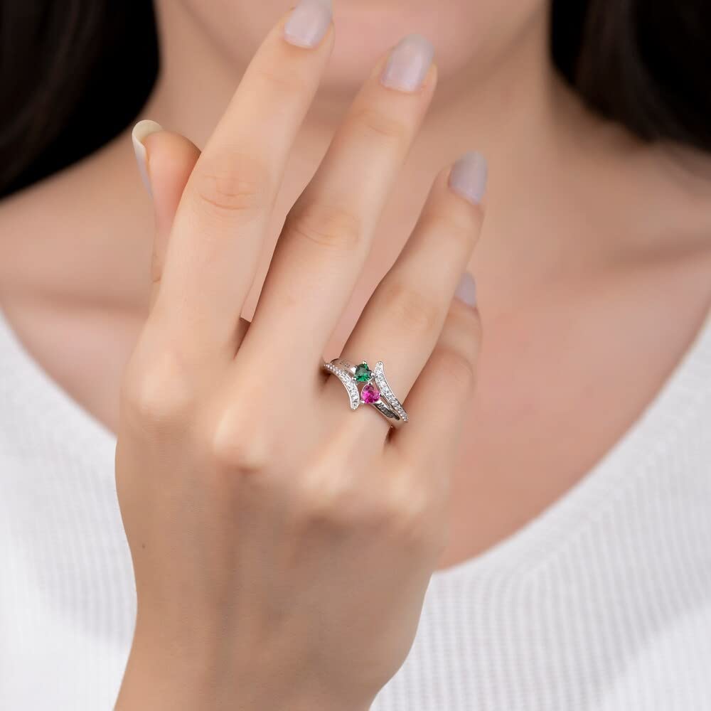 Custom Personalized Promise Rings for Women - 2 Birthstones Engraved Name Rings for Her, Mothers, Engagement & Anniversary Gifts | Perfect for Valentine's Day, Proposals & Special Occasions