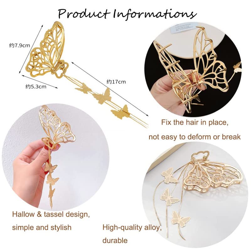 Butterfly Hair Clips for Women - 1 Pack Metal Tassel Hair Claw Clips, Non-Slip Hair Jaw Clamps for Ponytails, Buns & Updos - Elegant Hair Accessories for Parties, Weddings & Daily Styling