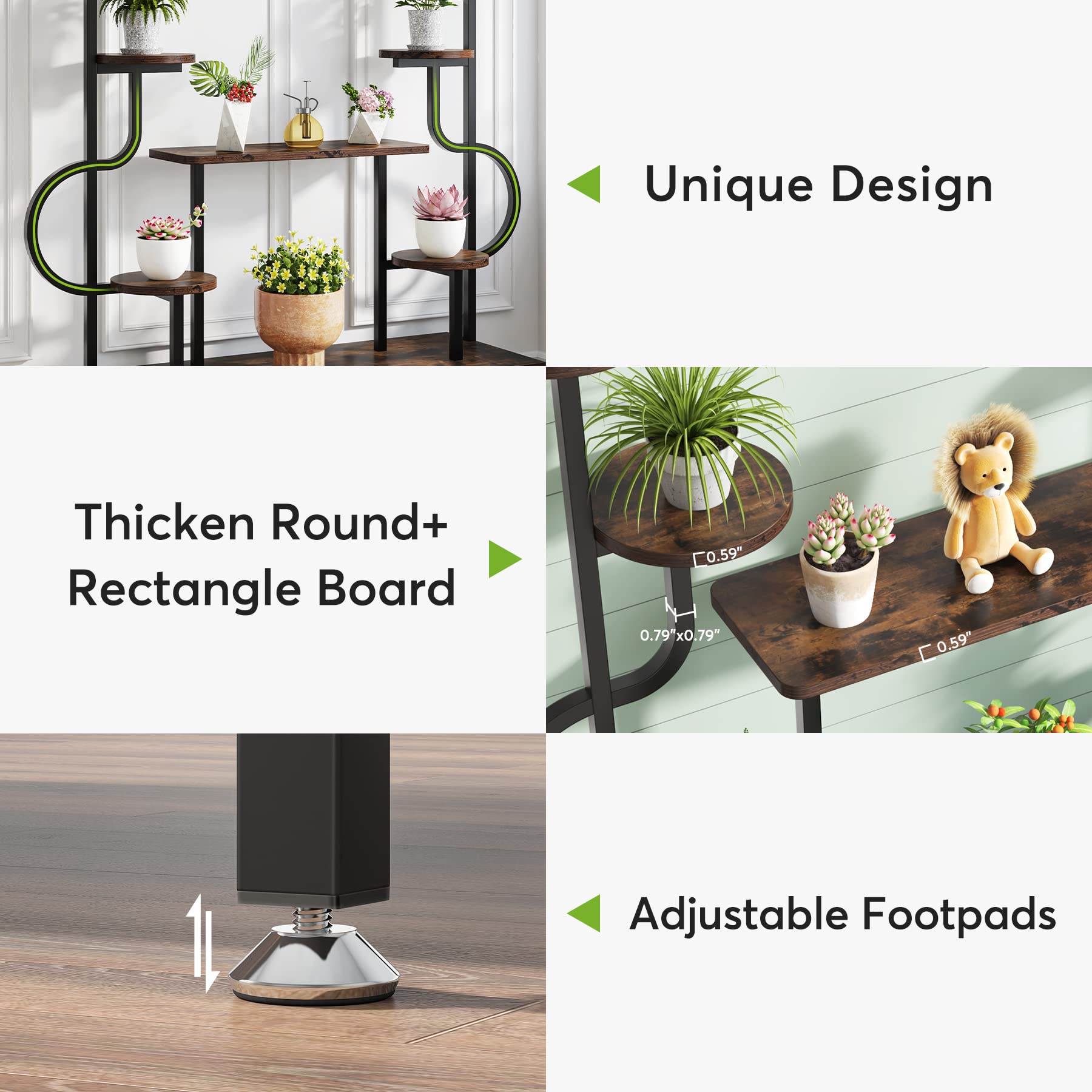 Tribesigns 8-Tier Metal Plant Stand - Tall Indoor/Outdoor Plant Shelf with Round & Square Boards for Multiple Plants - Rustic Brown & Black Flower Rack for Living Room, Patio, Balcony - Perfect for Home Decor, Garden Display & Small Space Organization