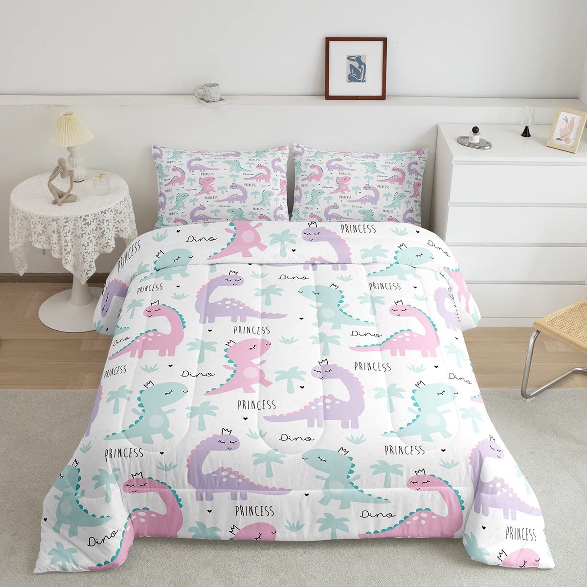 Dinosaur Comforter Set for Kids - Pink & Purple Dino Bedding with 1 Comforter & 2 Pillowcases | Full Size Soft Cartoon Duvet Cover | Cute Animal Themed Room Decor for Girls' Bedroom | Perfect for Nursery, Kids Room & Sleepovers