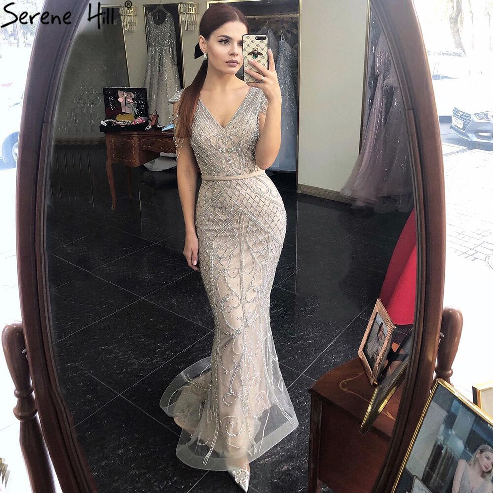 Elegant Beaded Backless Mermaid Evening Gown for Women - Serene Hill Grey Nude Luxury Party Dress 2025 | Perfect for Prom, Gala & Formal Events - LA70799
