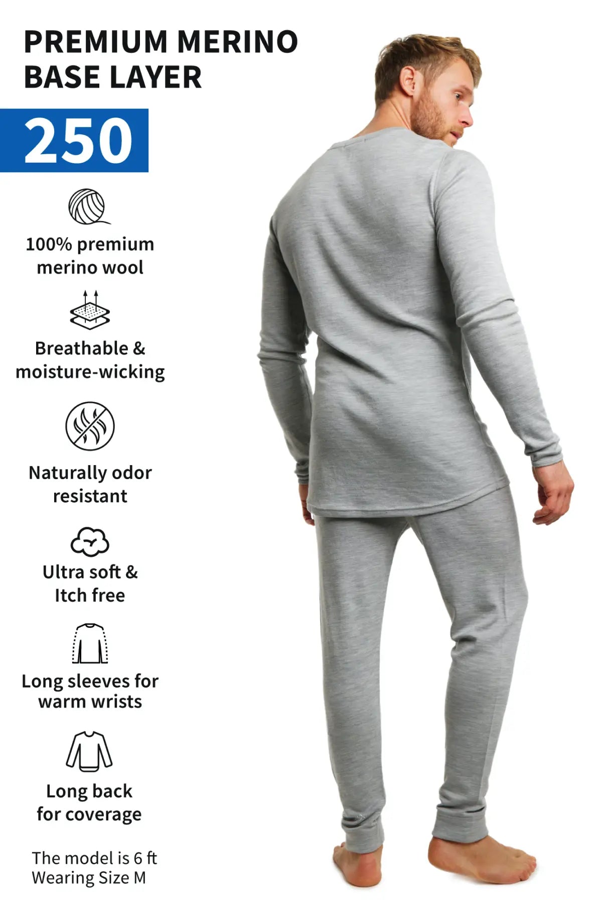 Men's Merino Wool Thermal Underwear Set 250g - Heather Grey - Base Layer for Cold Weather Hiking, Skiing & Winter Sports