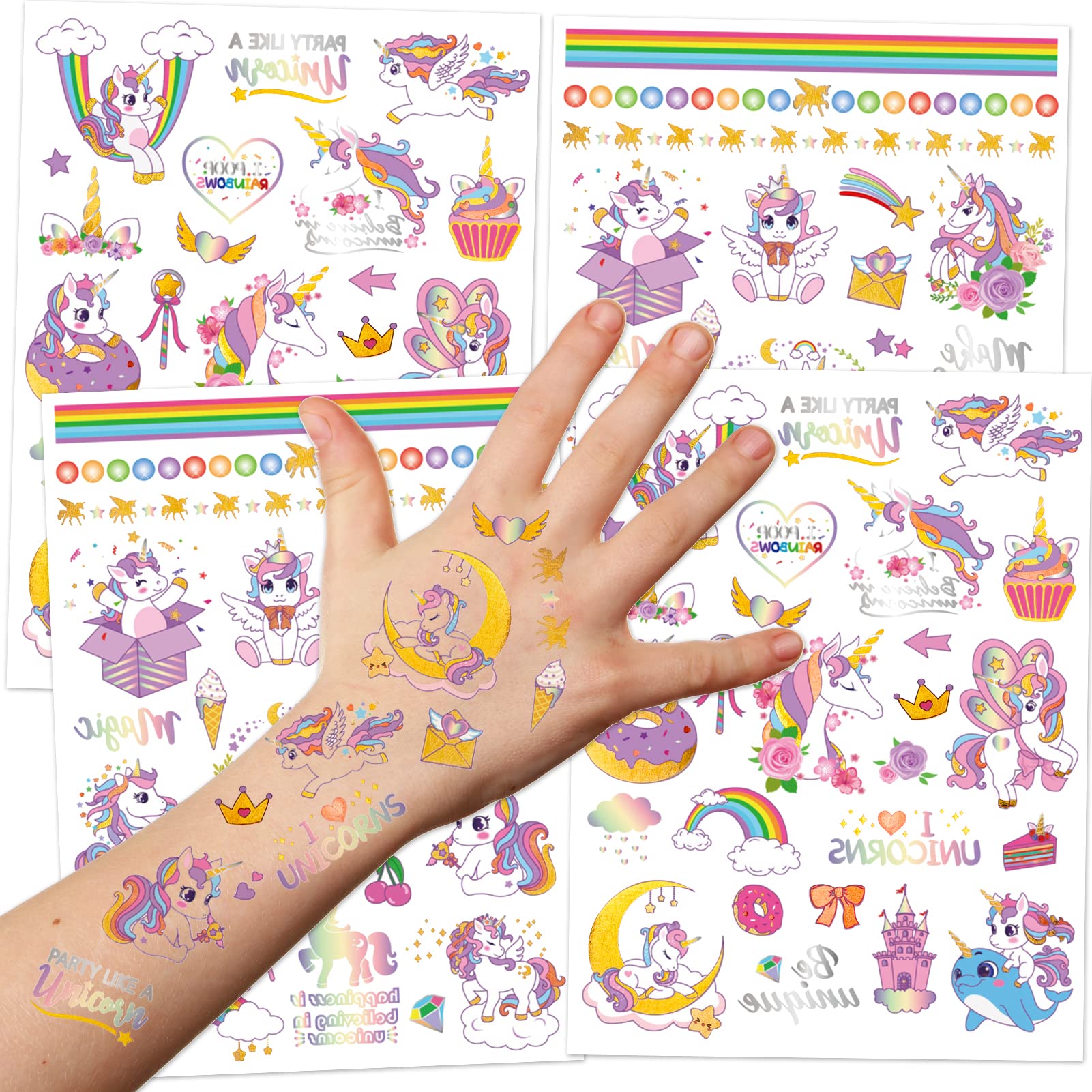 Konsait 4 Sheets Kids Temporary Tattoos - 98 Fun Designs for Birthday Parties, Goodie Bags & Costume Accessories | Safe & Easy to Apply Waterproof Fake Tattoos for Boys & Girls | Perfect for Halloween, School Events & Playdates