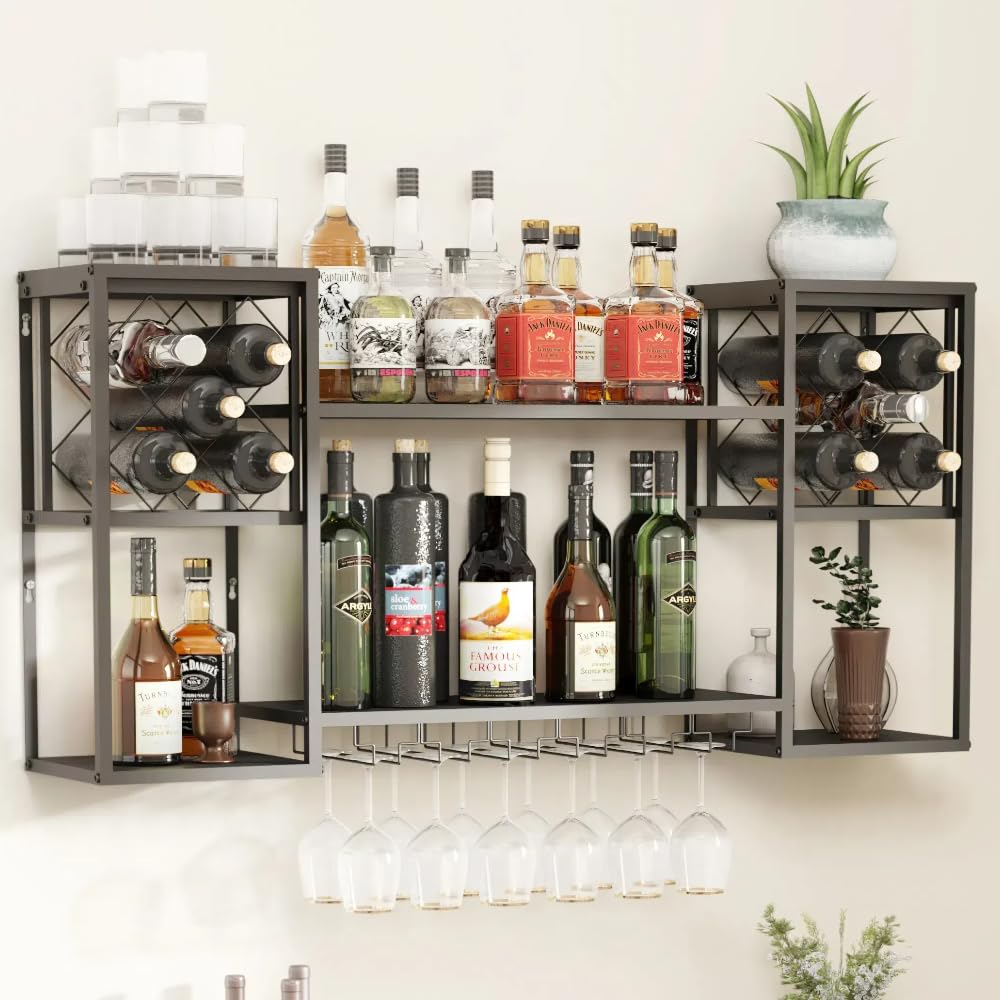 Wall Mounted Wine Rack with Glass Holder - 2 Tier Metal Floating Bar Shelf for Liquor Storage | Multi Functional Wine Display Rack for Home Bar, Dining Room & Kitchen | Perfect for Small Spaces & Entertaining Guests