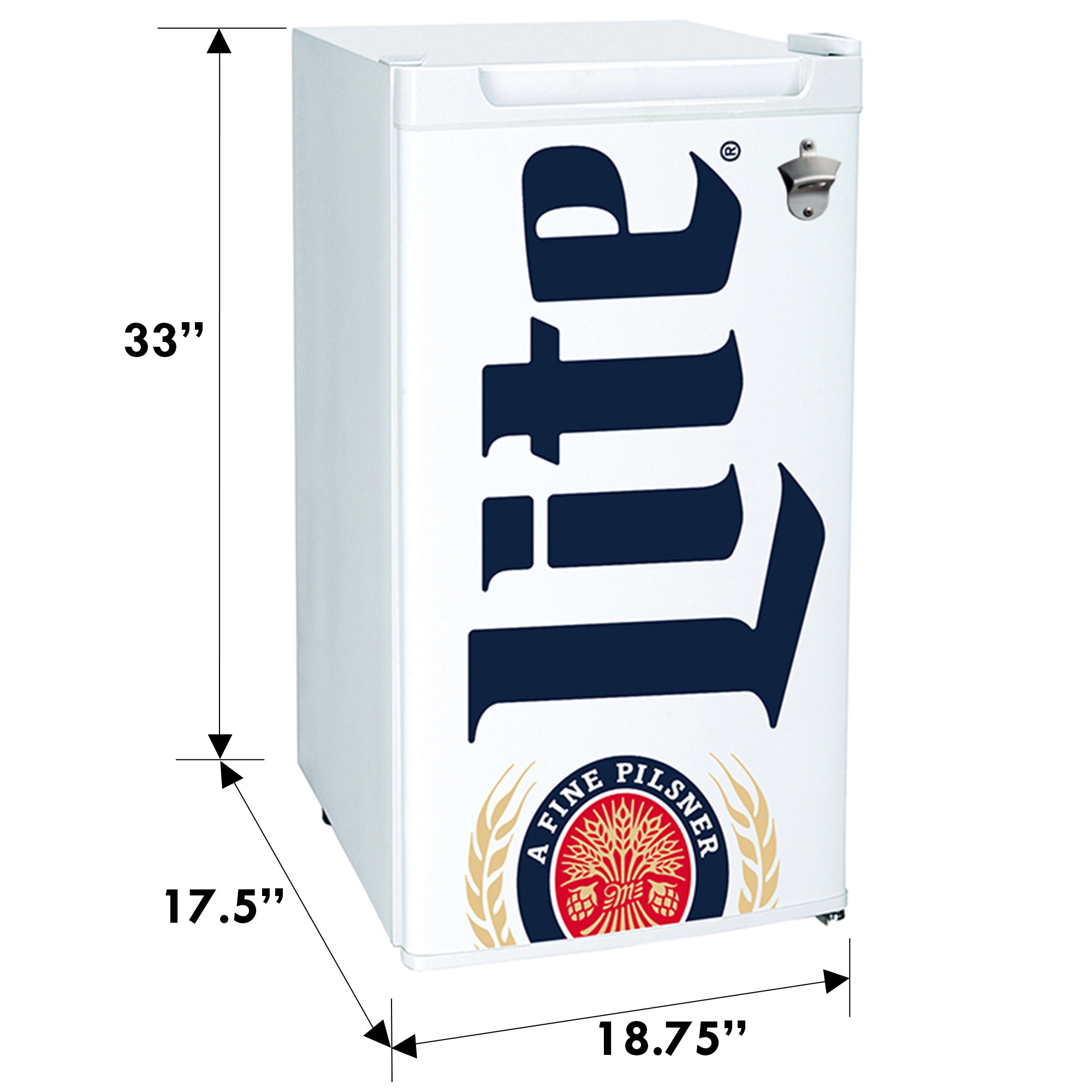 Miller Lite Compact Refrigerator with Bottle Opener - 3.2 cu ft (90L) White Mini Fridge, Space Saving Flat Back Design, Reversible Door, Tempered Glass Shelves - Licensed Miller Lite Beer Cooler for Home, Office, Dorm, Garage, Bar & Man Cave - Perfect Gift for Beer Lovers