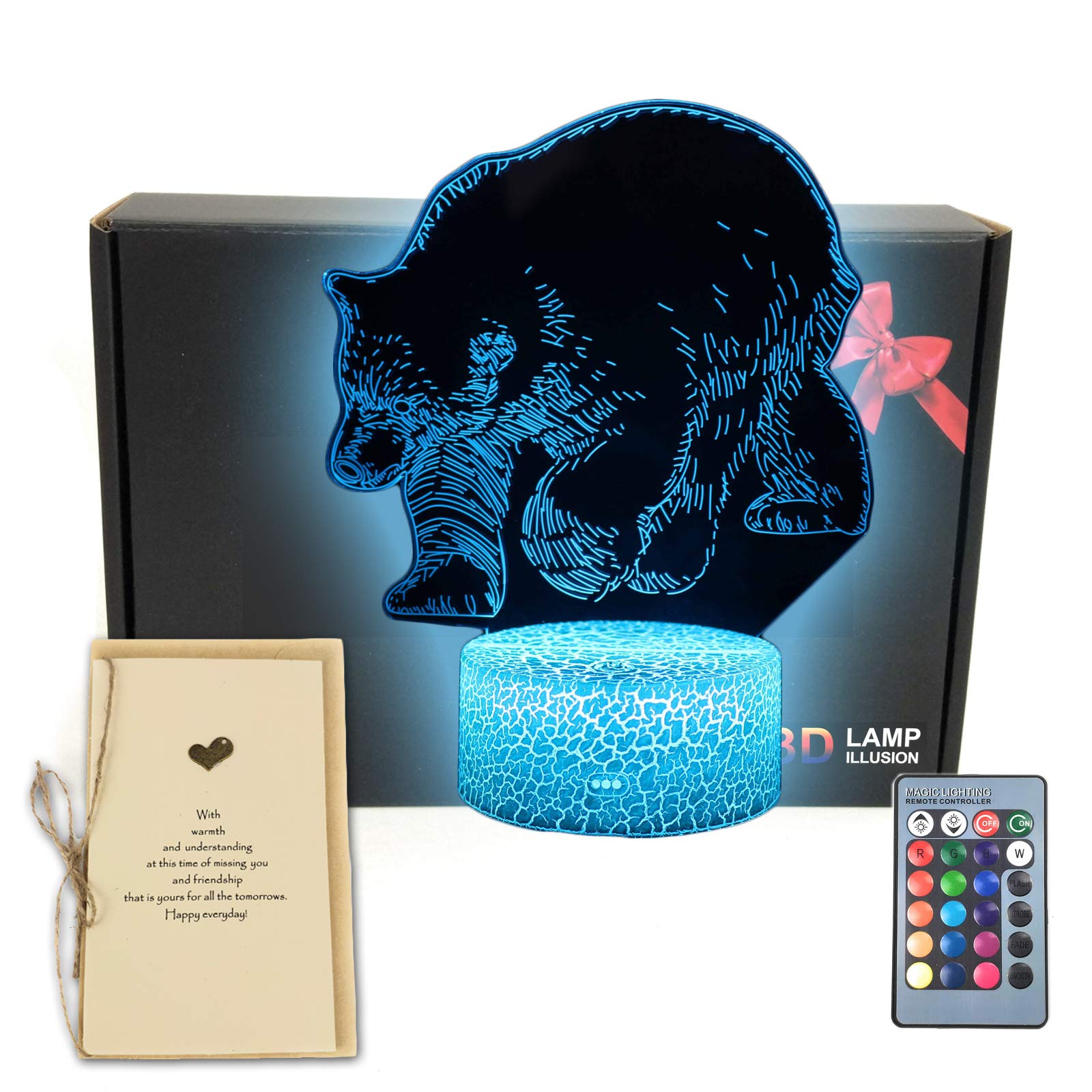 3D Illusion LED Night Light - Bear Animal Design, 16 Color Remote Control, Desk Decor Lamp with Greeting Card - Perfect Gift for Dad, Mom, Kids, Teens - Ideal for Bedroom, Nursery, Office & Home Decor