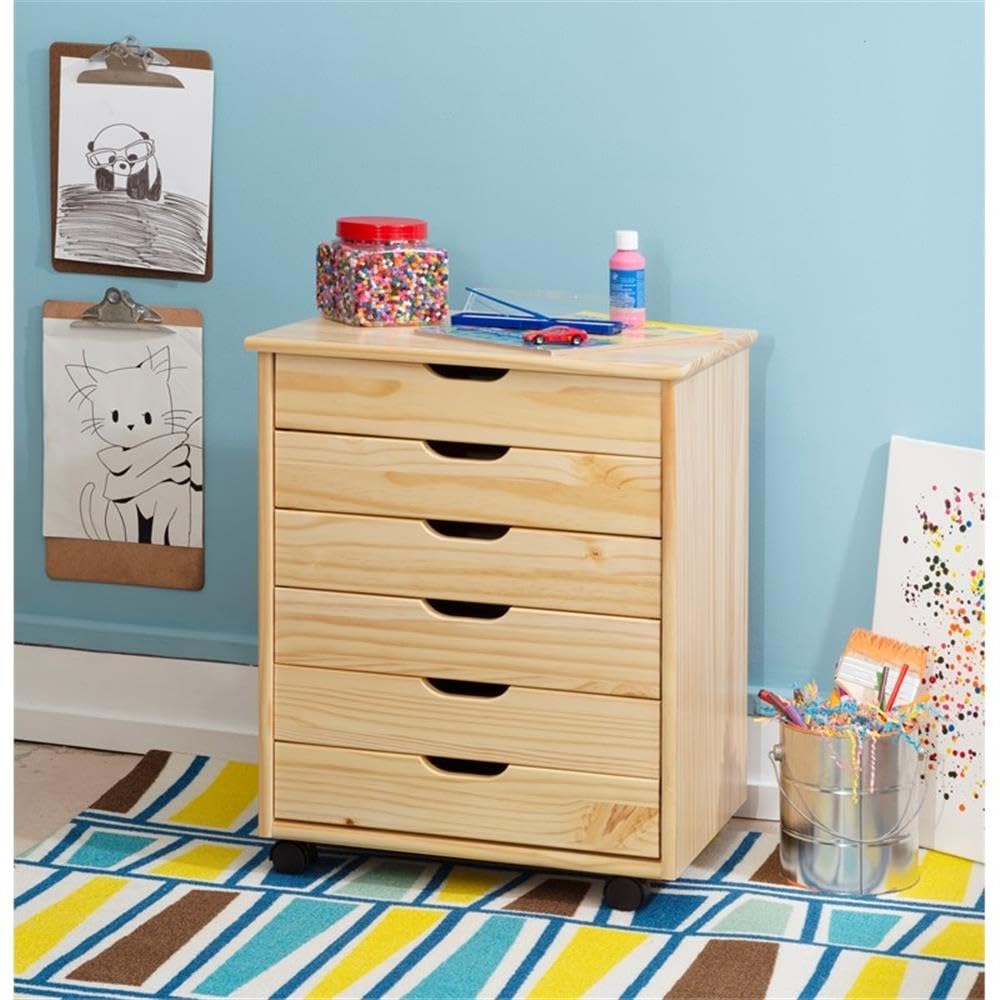 Natural Wood 6-Drawer Wide Rolling Cart with Wheels - Perfect for Office, Kitchen, Bathroom & Bedroom Storage Organization