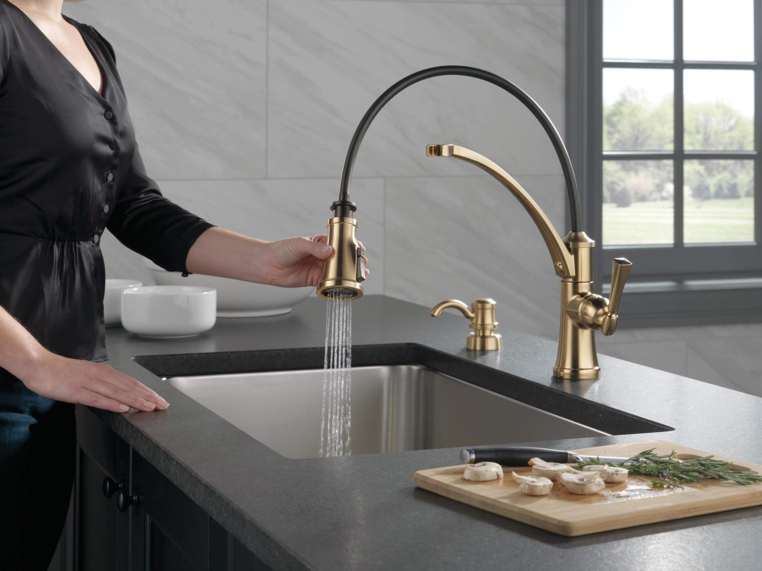 Delta Foundry Gold Kitchen Faucet with Pull Down Sprayer & Soap Dispenser - Champagne Bronze Stainless Steel Sink Faucet 19744Z-CZSD-DST | Perfect for Modern Farmhouse & Luxury Kitchen Renovations