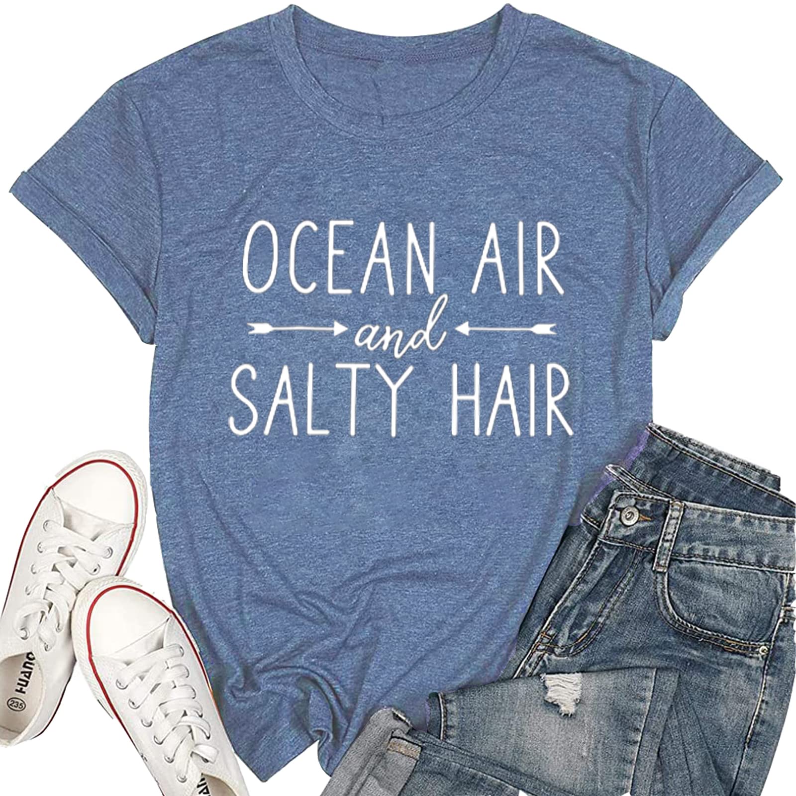 Ocean Air and Salty Hair Women's Graphic T-Shirt - Casual Short Sleeve Funny Top Tee for Beach, Vacation & Summer Outfits | Athletic Fit Cotton Shirt