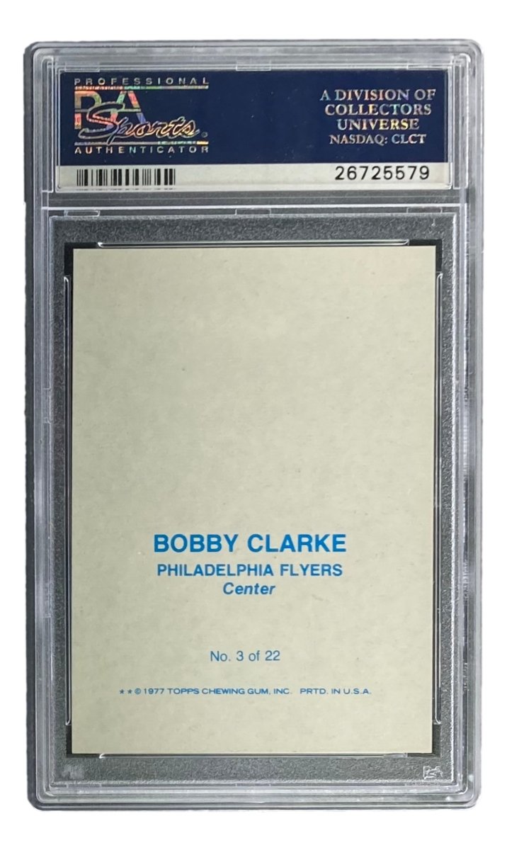 Bob Clarke Signed 1977 Topps Glossy #3 Flyers Trading Card Insert PSA/DNA Mint 9 - Perfect for Hockey Memorabilia Collections & Sports Fan Gifts