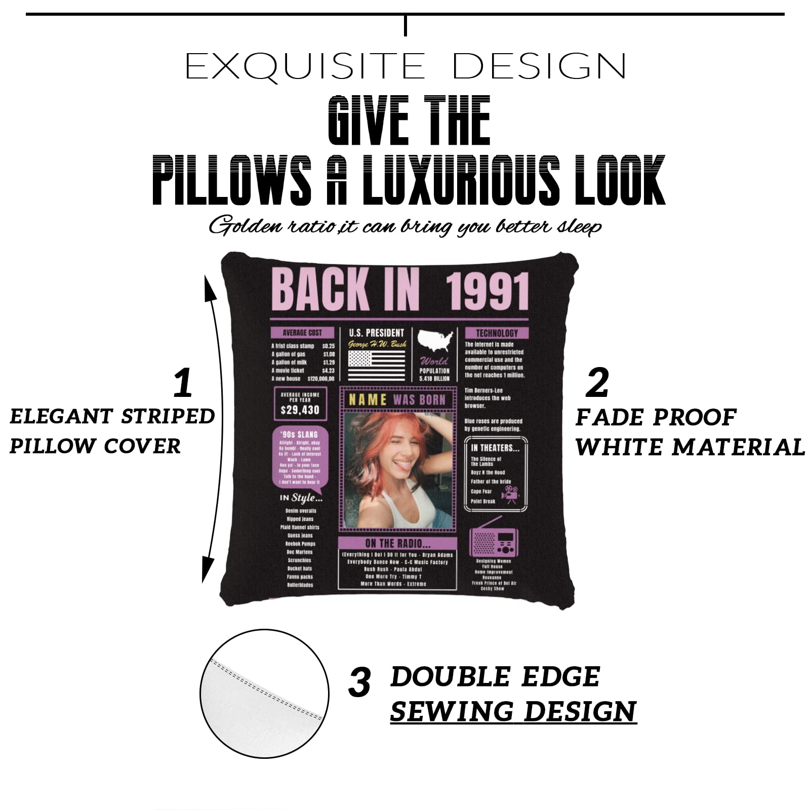 33rd Birthday Gifts for Women & Men - Custom Purple 1991 Throw Pillow with Soft Pillowcase | Unique 33 Year Old Birthday Decor for Parties, Home Decor & Anniversary Gifts