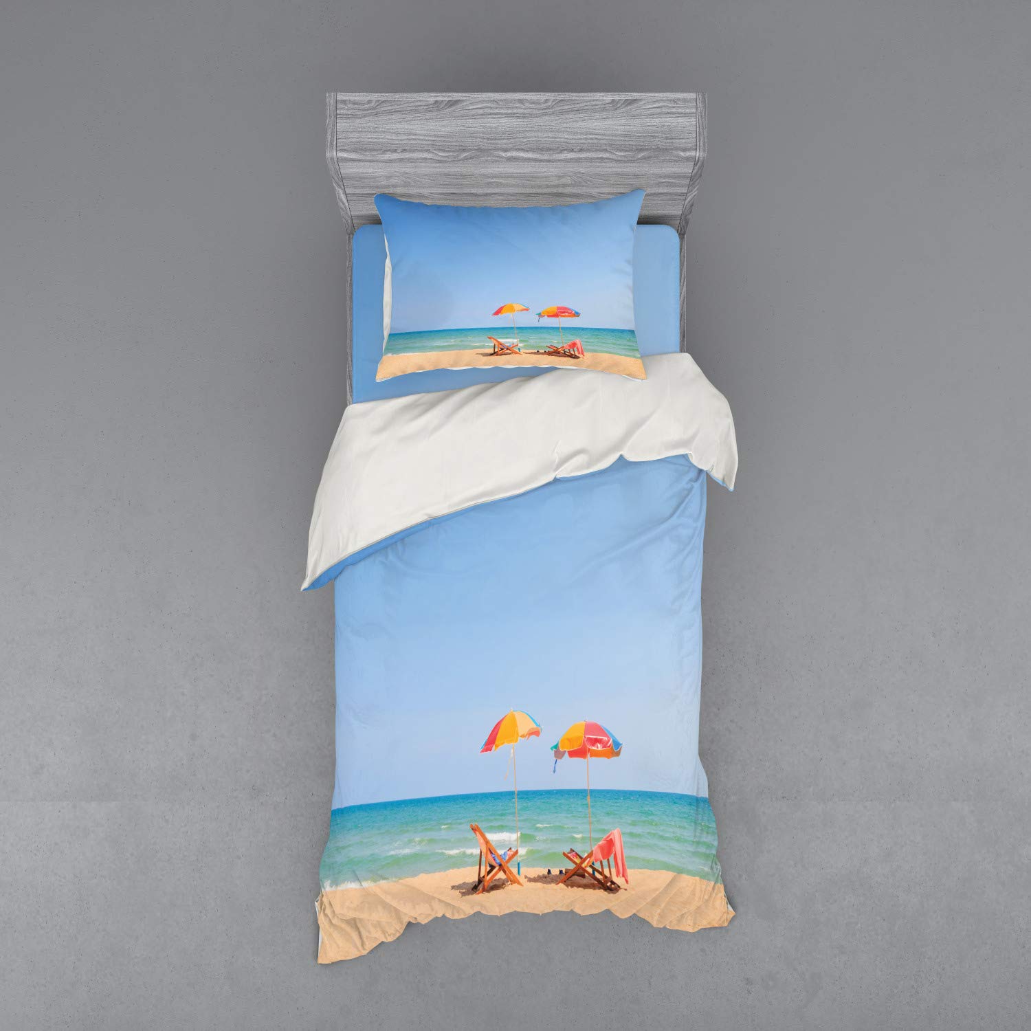 Ambesonne Seaside Duvet Cover Set - 3 Piece Beach Theme Bedding with Sham & Fitted Sheet, Twin Size Turquoise Beige - Coastal Decor for Bedroom, Vacation Home or Beach House Retreat