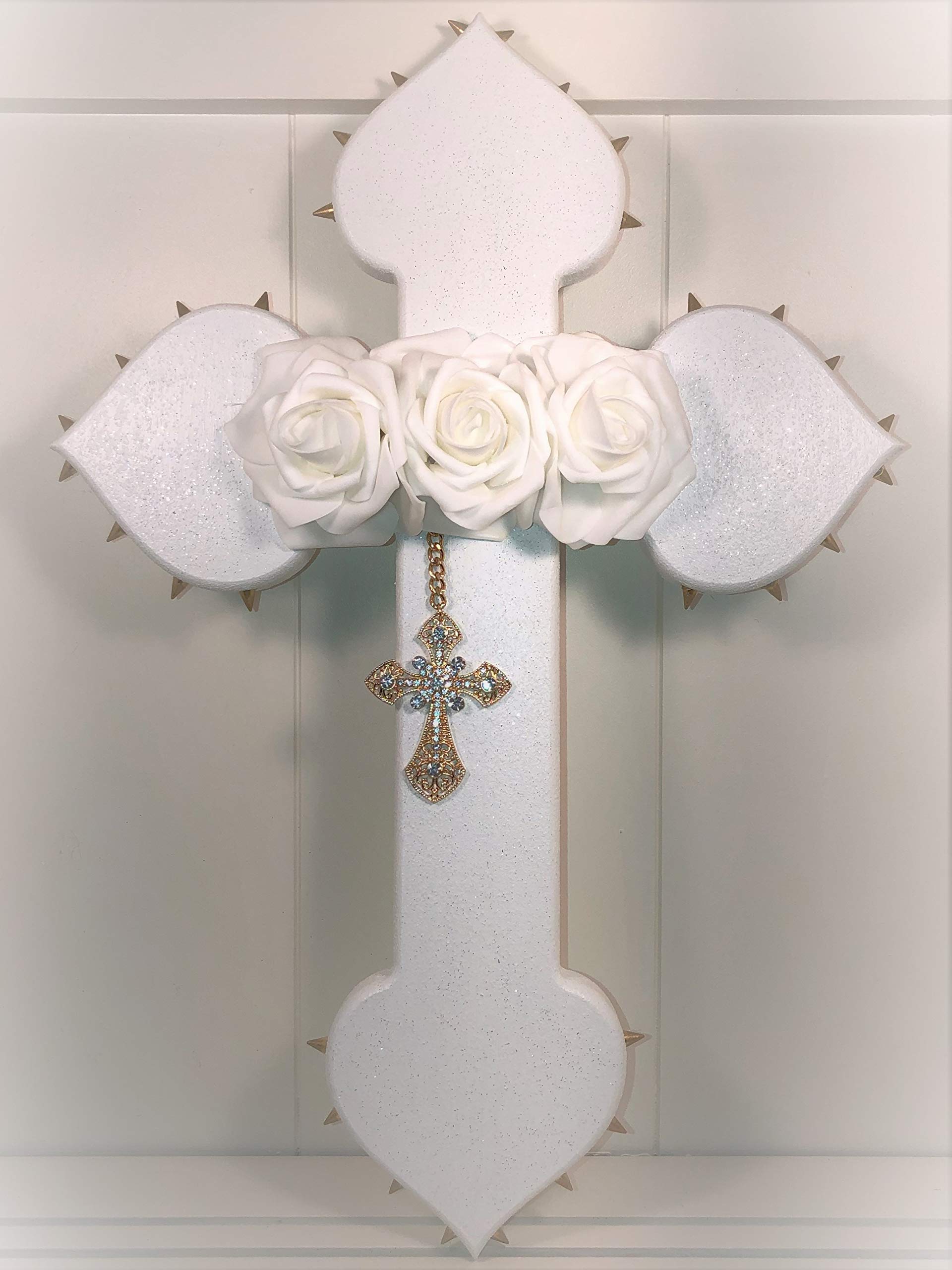 Gold and White Metal Spiked Rose Cross Pendant - Gothic Jewelry for Women, Men - Perfect for Gothic Fashion, Punk Style, and Gift Giving