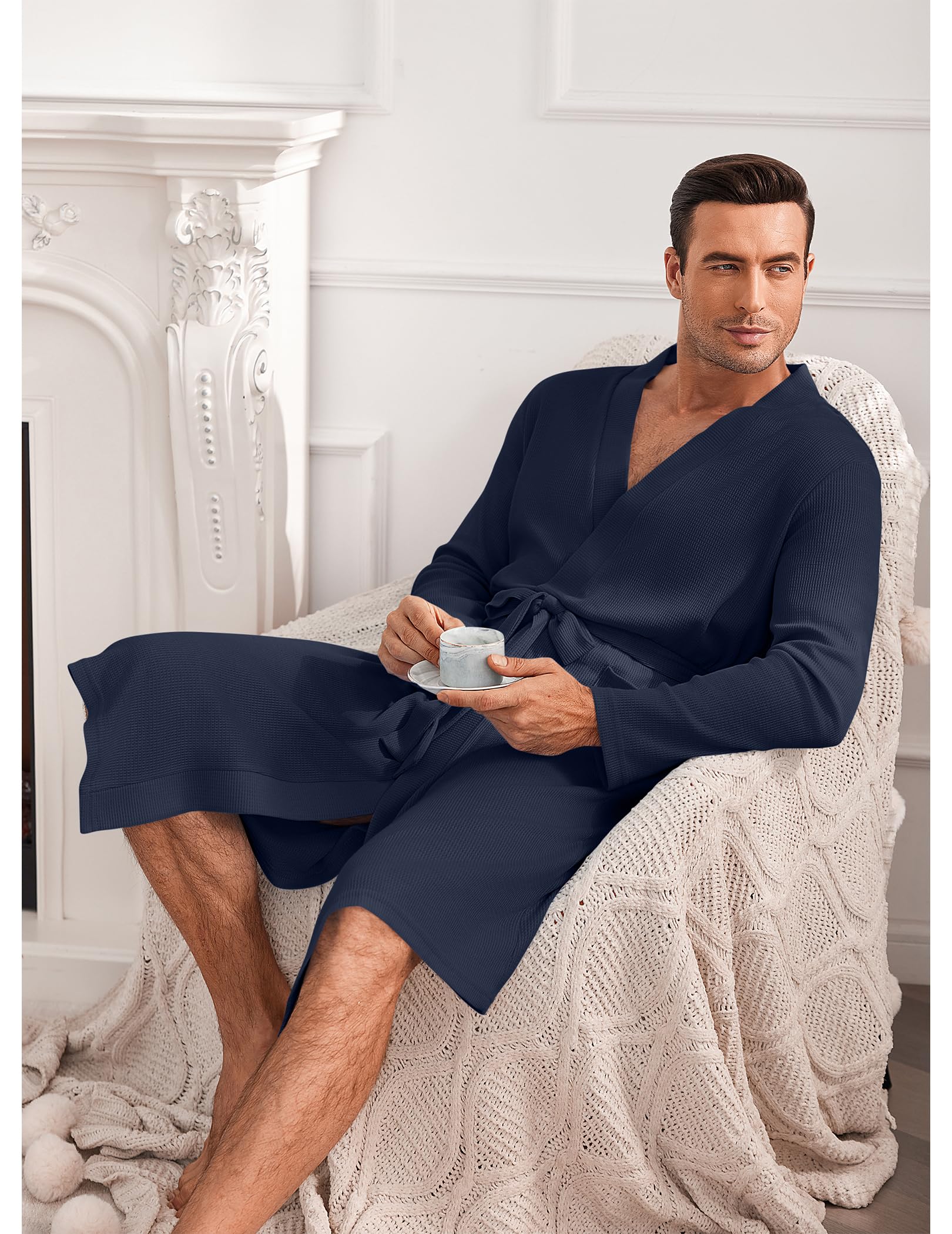 Ekouaer Men's Lightweight Waffle Knit Bathrobe - Soft Kimono Style Spa Robe with Pockets, V-Neck Long Sleeve Sleepwear for Shower, Lounge & Relaxation at Home