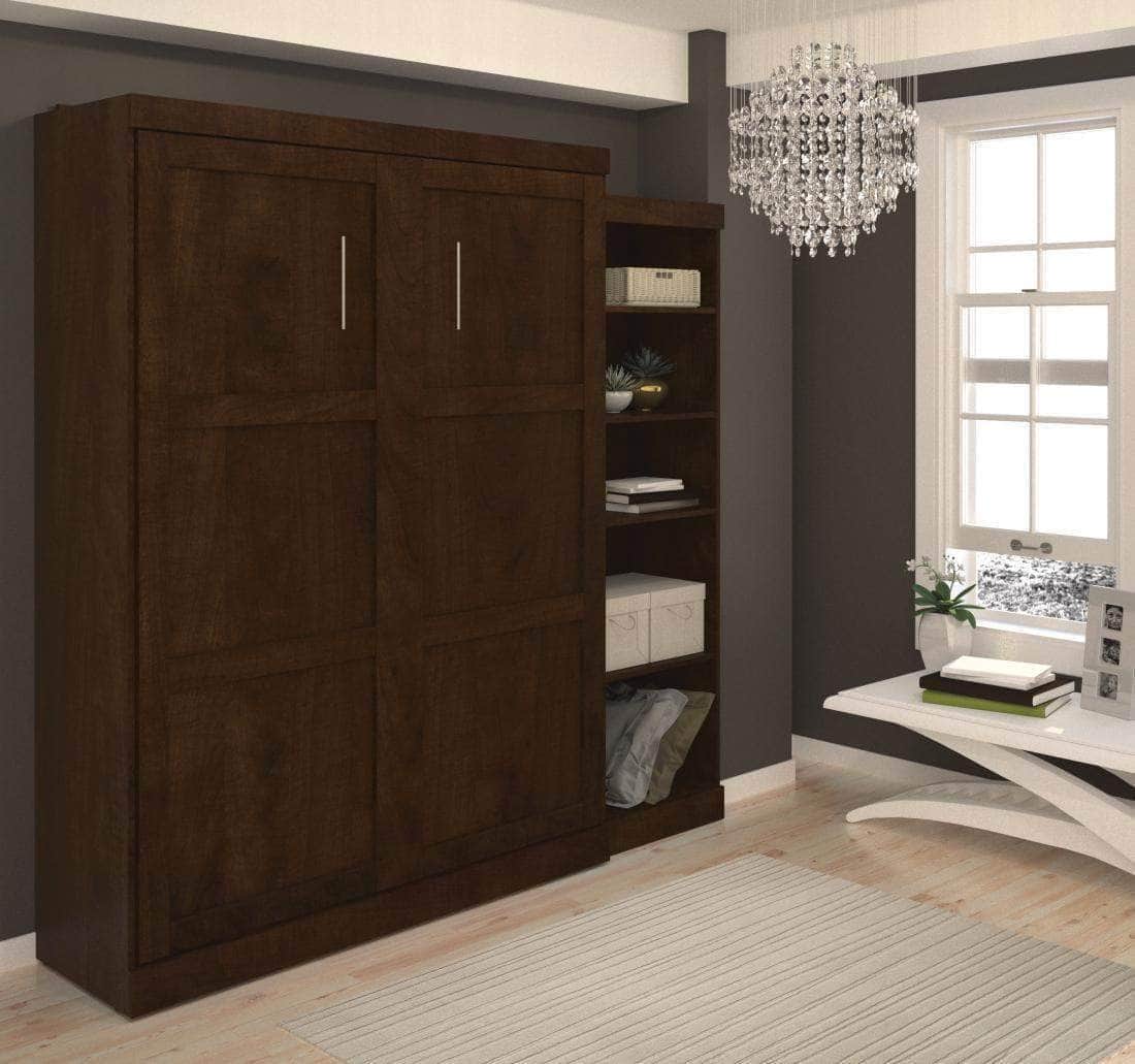 Pur 90 Queen Size Murphy Wall Bed with Storage Unit in Chocolate - Space Saving Fold Down Bed for Small Apartments & Guest Rooms