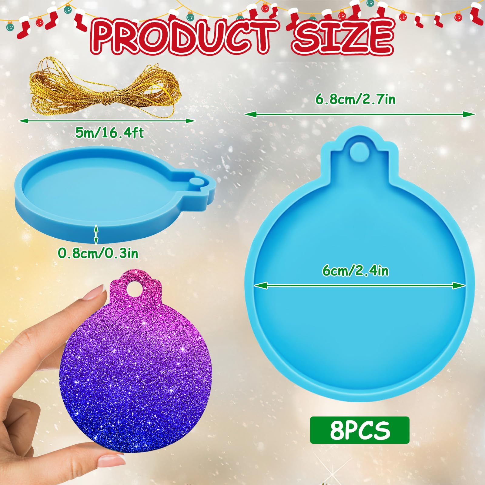 FEBSNOW 8PCS Christmas Ornament Resin Molds - Round Silicone DIY Craft Molds with Strings for Epoxy Pendant Casting - Holiday Xmas Home Decor (Blue) - Perfect for DIY Gifts, Tree Decorations & Festive Craft Projects