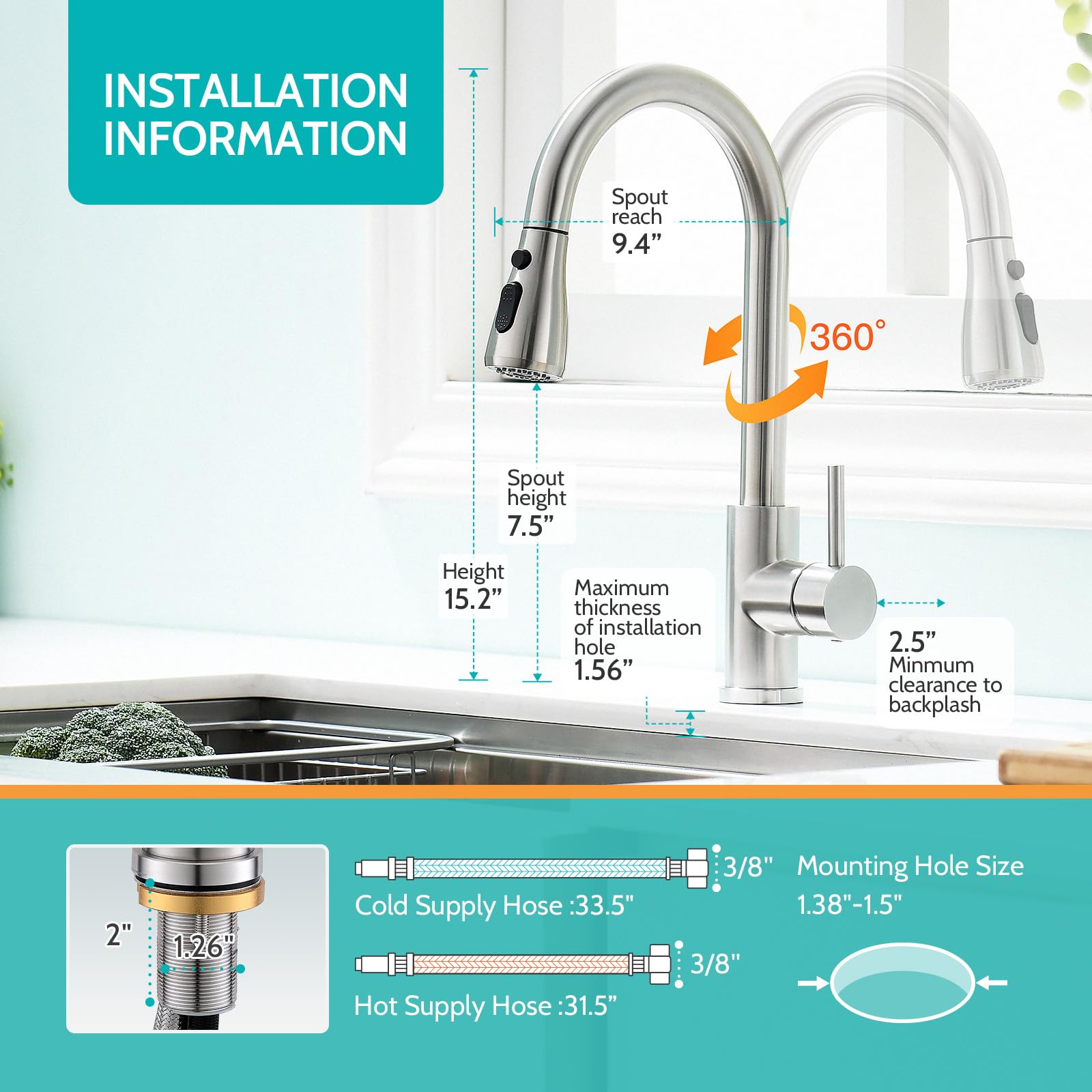 Kicimpro Brushed Nickel Pull Down Sprayer Kitchen Faucet - High Arc Single Handle Sink Faucet with Water Lines, Commercial Modern RV Stainless Steel Faucet for Home, Restaurant & RV Kitchen Use