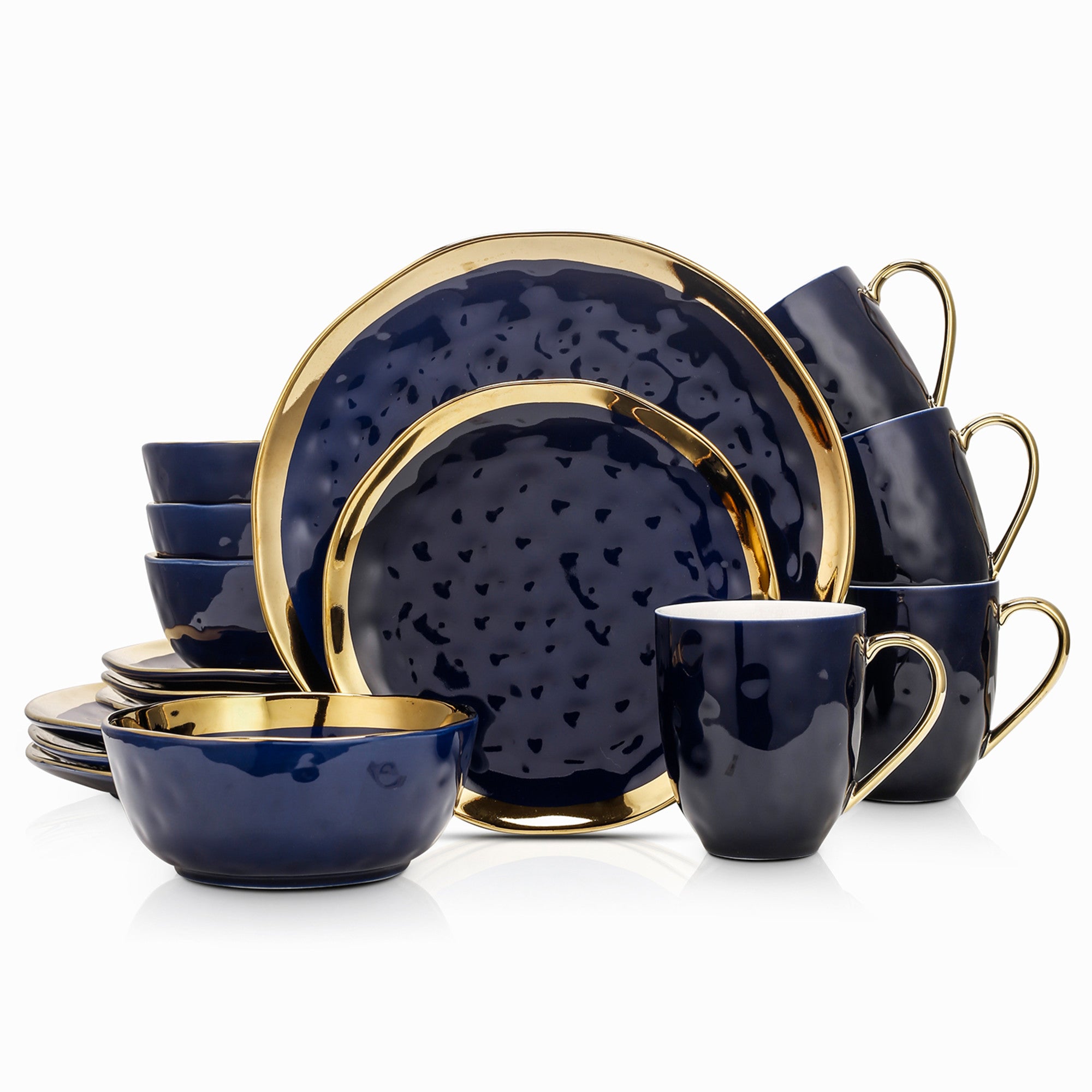Premium Florian Porcelain Dinnerware Set - Navy Blue 16-Piece Dinner Plate Set for Formal Dining, Wedding Registry & Holiday Entertaining