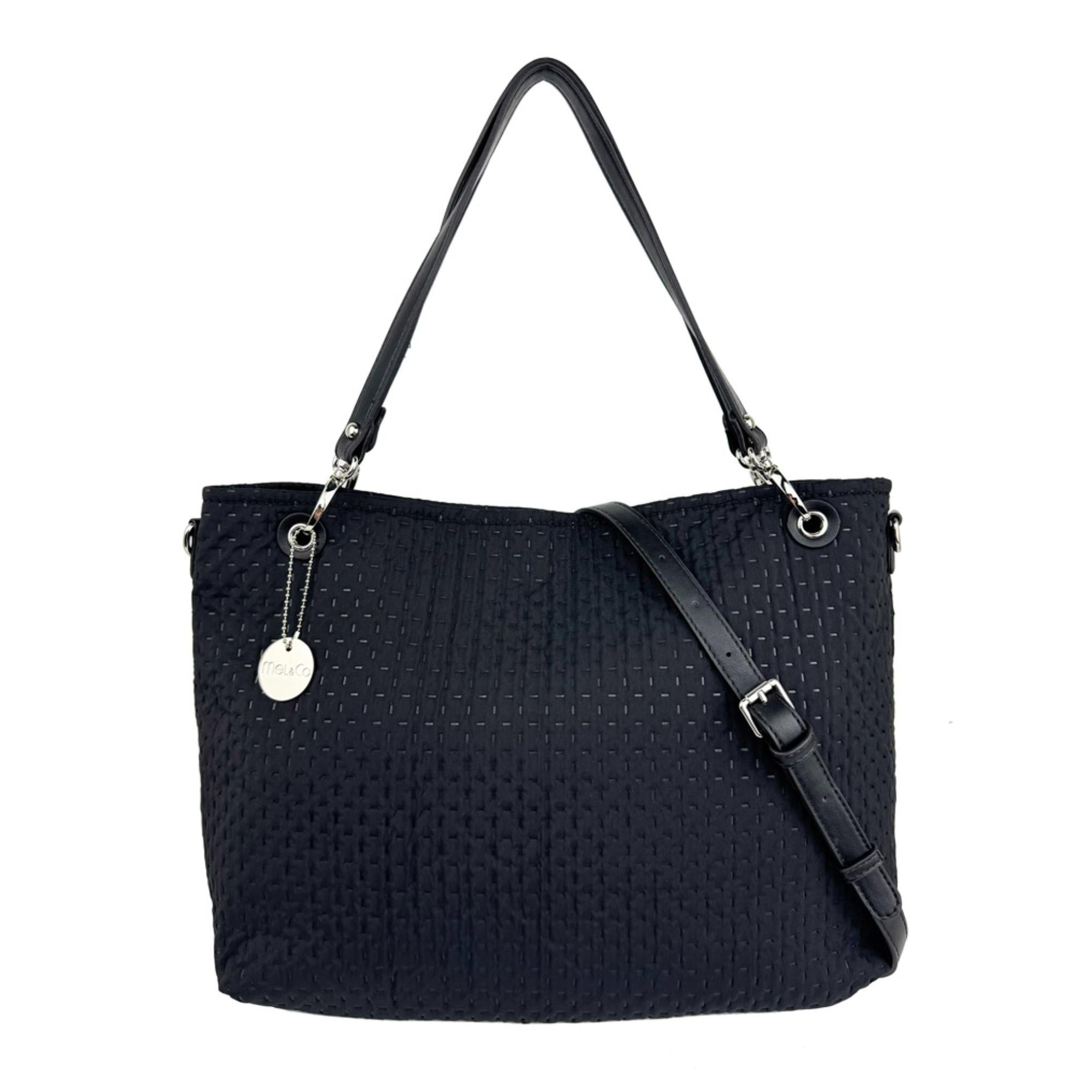 Mel&Co Black Embossed Nylon Tote Bag with Double Handles - Perfect for Work, Travel, and Everyday Use