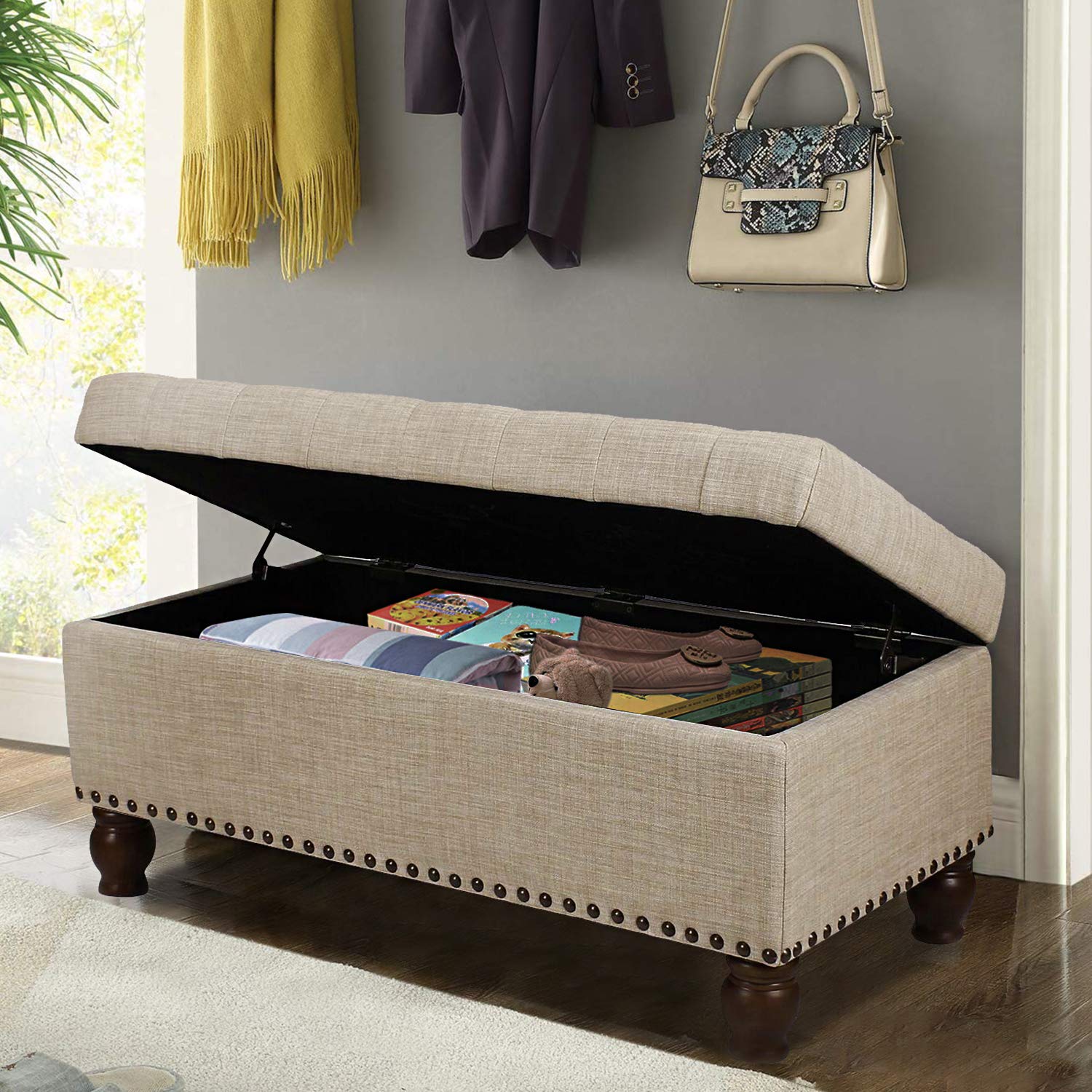 Storage Ottoman Bench with Wooden Legs - Upholstered Rectangle Storage Bench for Bedroom & Living Room - Multi-Functional End of Bed Bench with Hidden Storage | Perfect for Extra Seating, Blanket Storage & Home Organization