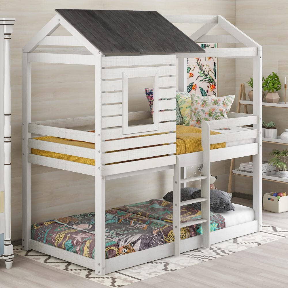 Rubyurphy Twin Over Twin Wooden Bunk Beds with Roof & Window - Sturdy Kids Loft Bed Frame with Safety Guardrail & Ladder - Easy Assembly Antique White - Perfect for Small Bedrooms, Shared Kids Rooms & Space-Saving Home Furniture