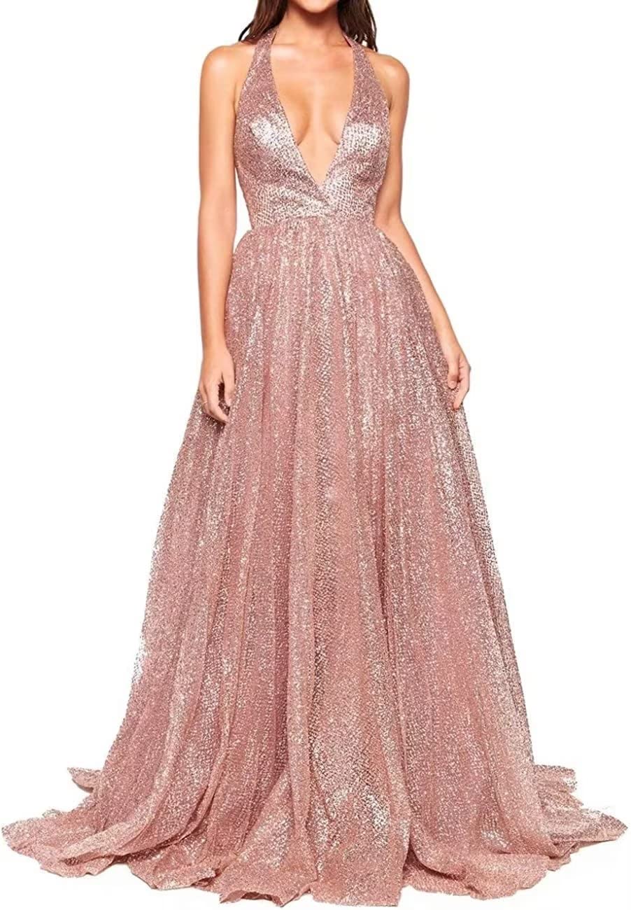 Sparkling Deep V-Neck Prom Dress for Women - Elegant Backless Long Tulle Formal Evening Gown for Homecoming, Wedding, Ball & Special Occasions