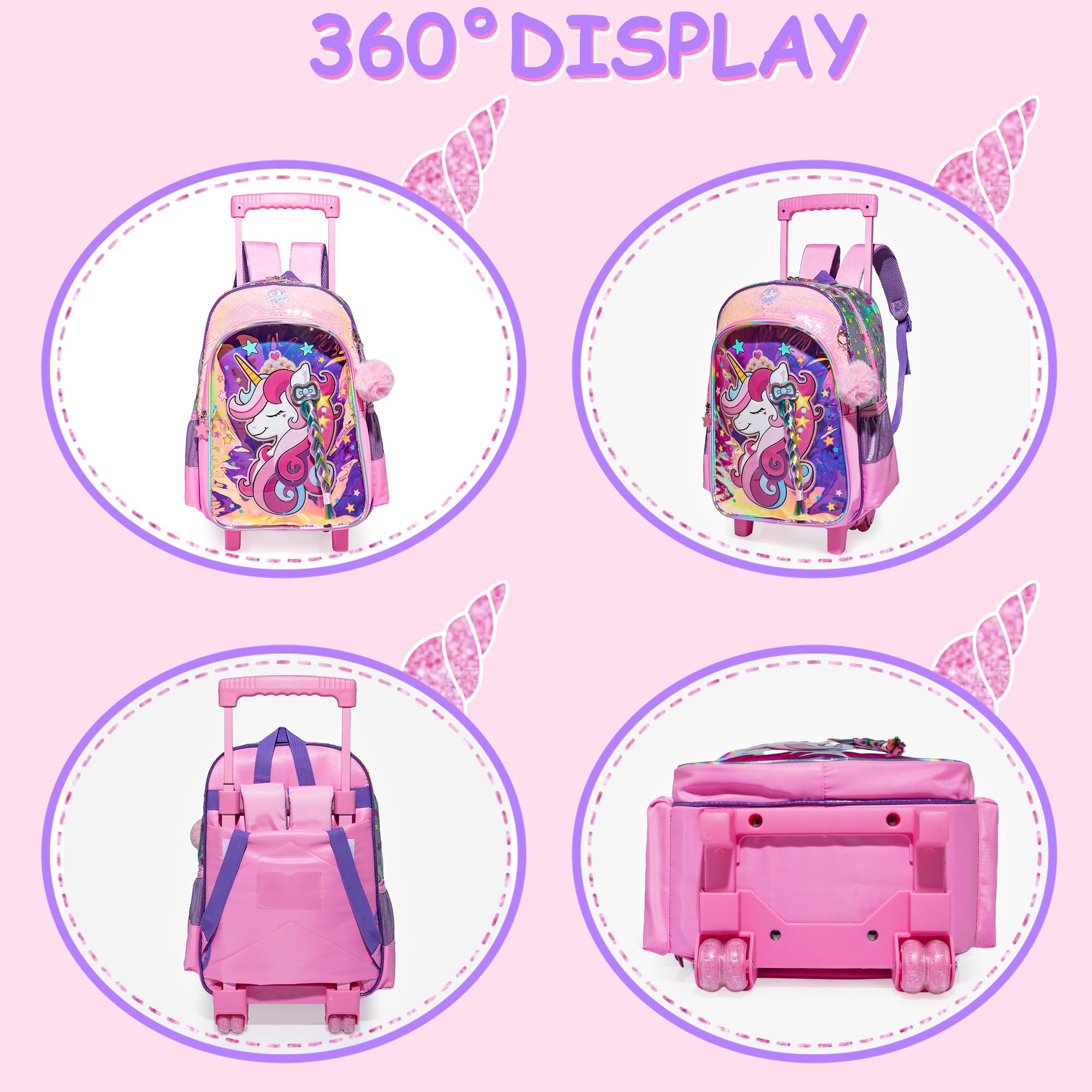 **Unicorn Rolling Backpack for Girls - Cute Wheeled School Backpack with Lunch Box & Pencil Case Set - Perfect for Elementary & Primary School Students - Great for Daily Use, Travel & Outdoor Activities**