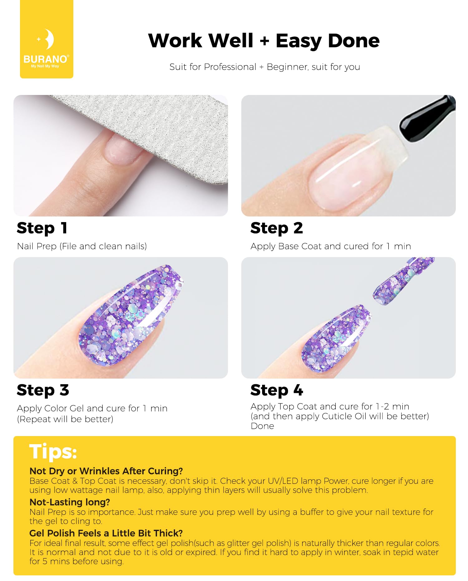 BURANO Glitter Gel Nail Polish - LED UV Soak Off Gel with Holographic Shimmer Effect, Long Lasting No Chip Sparkle Polish for DIY Home & Professional Nail Salon Use (Purple LP21) | Perfect for Parties, Weddings, Holidays & Everyday Nail Art Designs