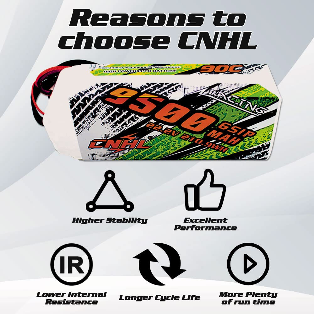 CNHL 9500mAh 6S Lipo Battery 22.2V 90C High Performance RC Battery with EC5 Connector - for RC Cars, Trucks, Tanks, Airplanes & Racing Drones (2 Pack) - Perfect for Long-Range FPV, Competitive Racing and High-Speed RC Models