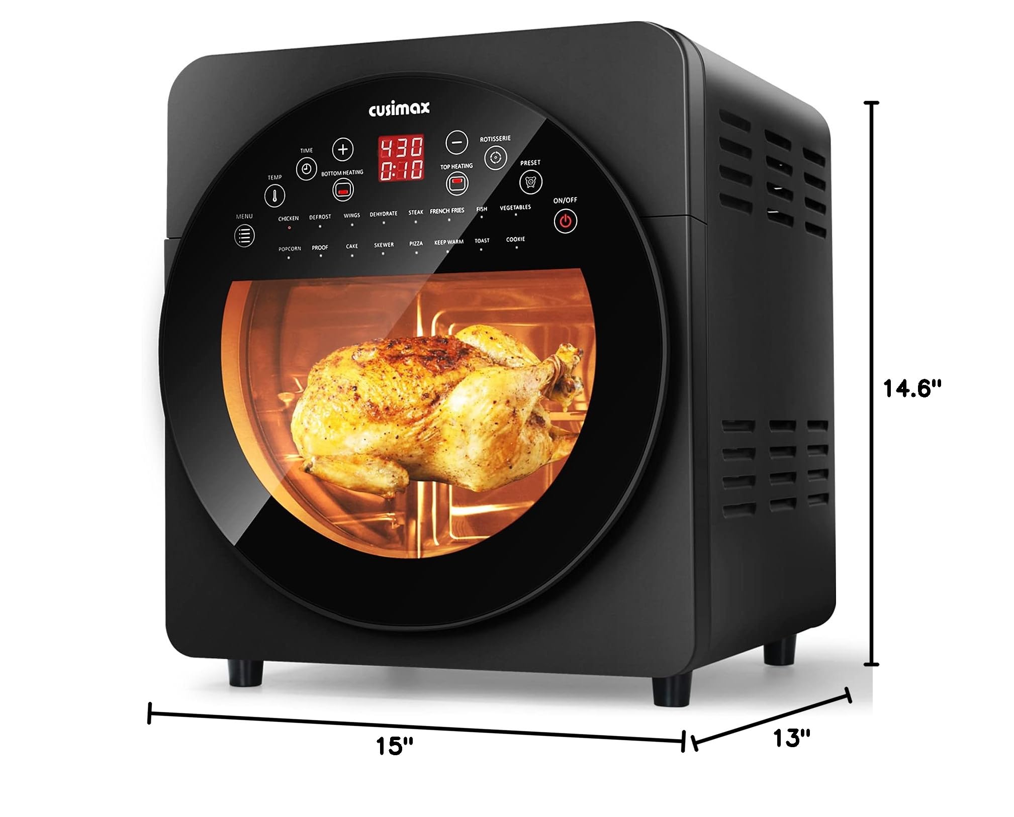 CUSIMAX 15.5QT 16-in-1 Air Fryer Toaster Oven Combo with Rotisserie & Dehydrator - Large Digital Convection Roaster Oven with Accessories - Perfect for Baking, Roasting, Air Frying & Meal Prep - Black