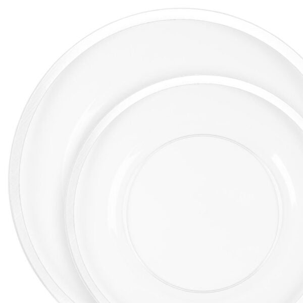 32-Piece Clear & White Rim Plastic Dinnerware Set for 16 Guests - Shatterproof Disposable Plates, Bowls, Cups & Cutlery - Perfect for Outdoor Picnics, BBQs, Parties & Camping