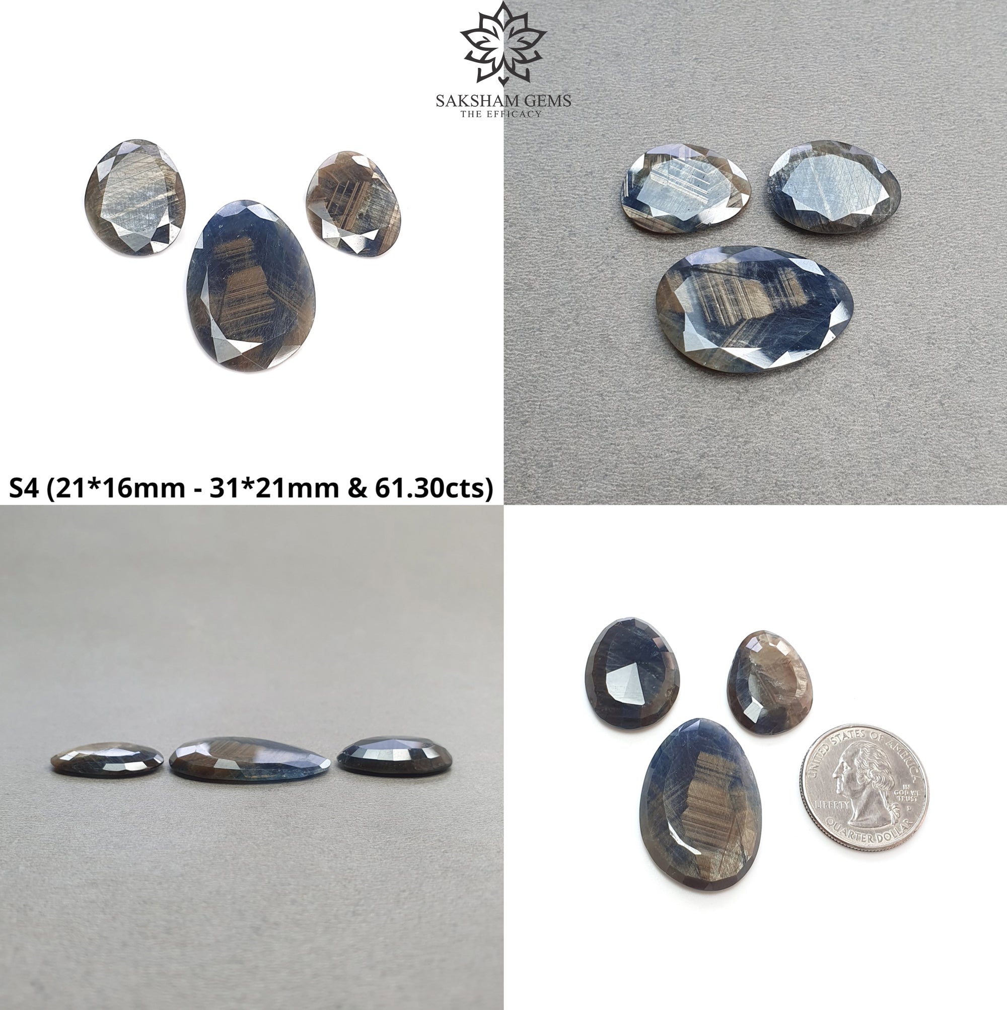 Natural Untreated Golden Brown Sapphire Egg Shape 3pc Set - Chocolate & Blue Silver Sheen Gemstone Jewelry for Engagement, Wedding & Gift Giving