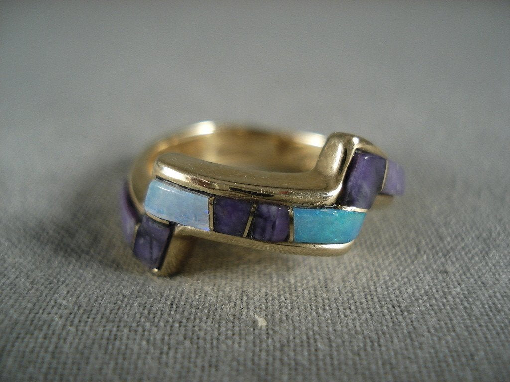 14K Gold Vintage Navajo Native American Jewelry - Real Opal & Sugilite Ring - Handcrafted Old Southwest Style for Women - Perfect for Boho, Western & Festival Fashion