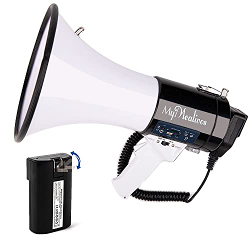 MyMealivos 50W Bluetooth Megaphone with Siren & Detachable Mic - Portable Bullhorn Speaker with AUX Input, Lightweight Strap - Perfect for Outdoor Events, Sports Games & Emergency Announcements