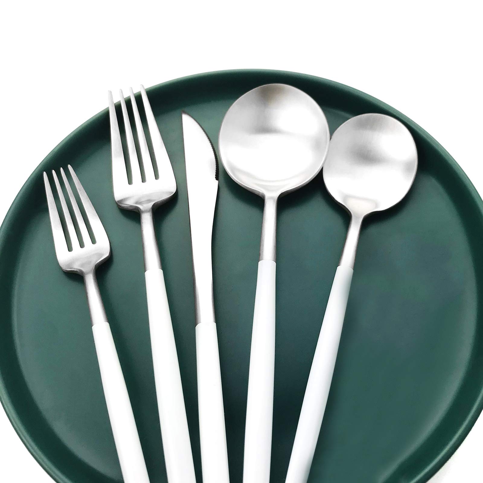 Premium 20-Piece Matte White Handle 18/10 Stainless Steel Flatware Set for 4 - Includes Forks, Spoons & Knives - Elegant Dining & Camping Silverware - Perfect for Home, Travel & Outdoor Use (White Silver)