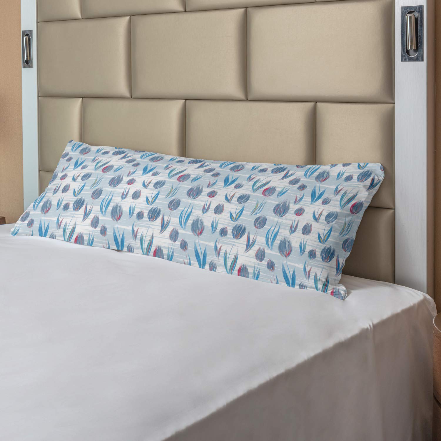 Ambesonne Tulip Body Pillow Cover with Zipper - Floral Tiled Tulips Design, Blue Long Pillowcase 21