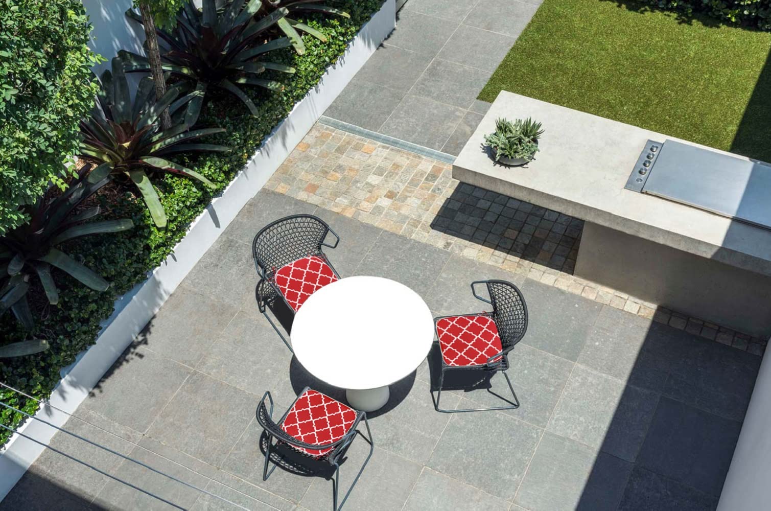 Fabritones Outdoor Seat Cushions - Set of 4 Red Geometric Patio Chair Cushions with Ties, 16x17 Inch Square Chair Pads - Perfect for Garden, Poolside & Outdoor Furniture