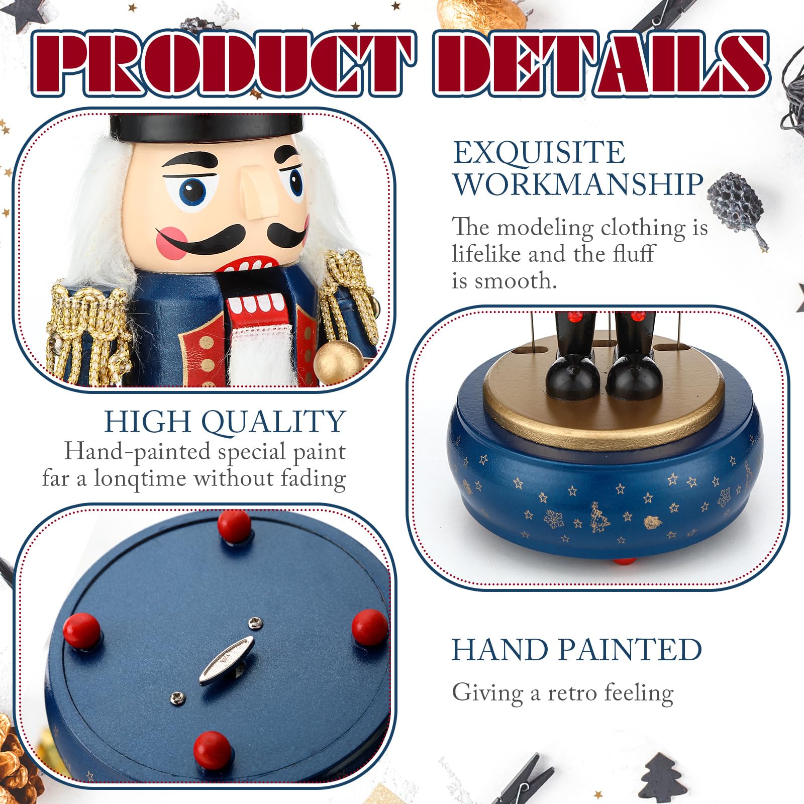 Handmade Wooden Nutcracker Soldier Music Box - Wind Up Christmas Musical Toy, Retro Nutcracker Figures for Holiday Decor & Gift (Perfect for Christmas Tree Ornaments, Mantel Displays & Festive Home Decor)