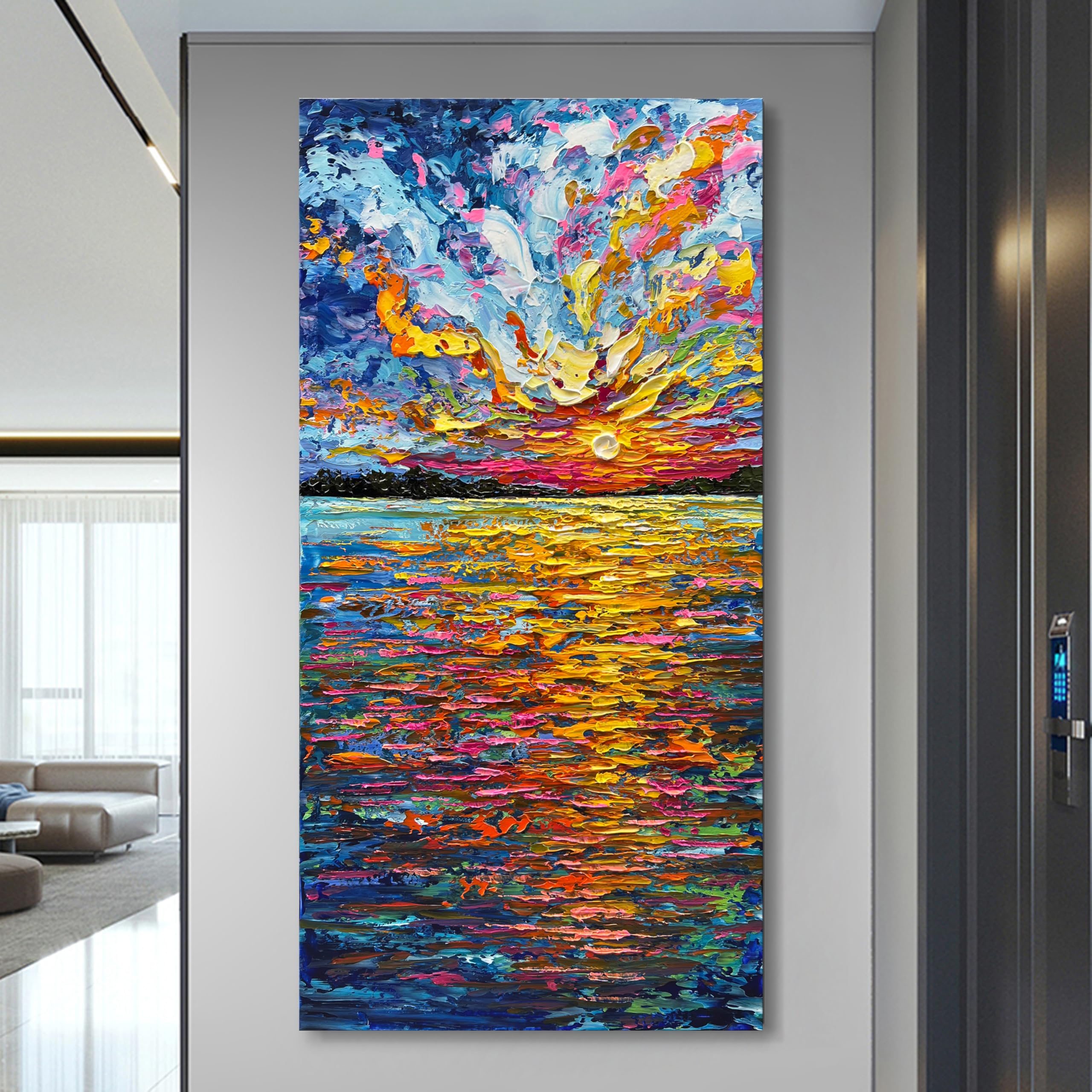 Hand-Painted Sea Sunrise Abstract Oil Painting - Modern Large Canvas Wall Art (48x24 inches) for Living Room, Bedroom & Hallway Decor | Coastal Landscape Home Decoration | Perfect for Beach House & Office Wall Art